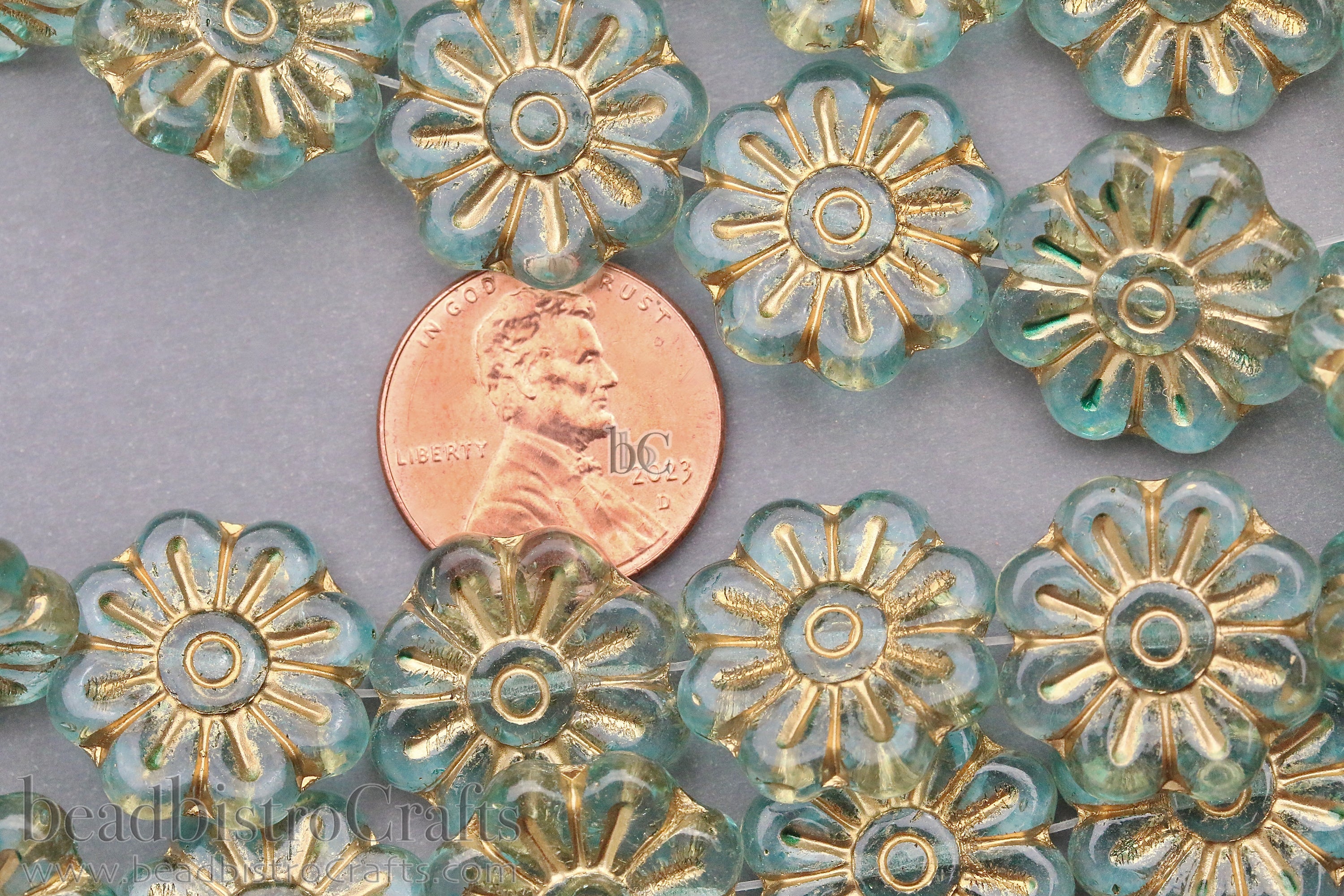 Czech Glass Daisy Flower Beads 18mm Crystal Pale SeaFoam Coat Gold Wash (4pcs)