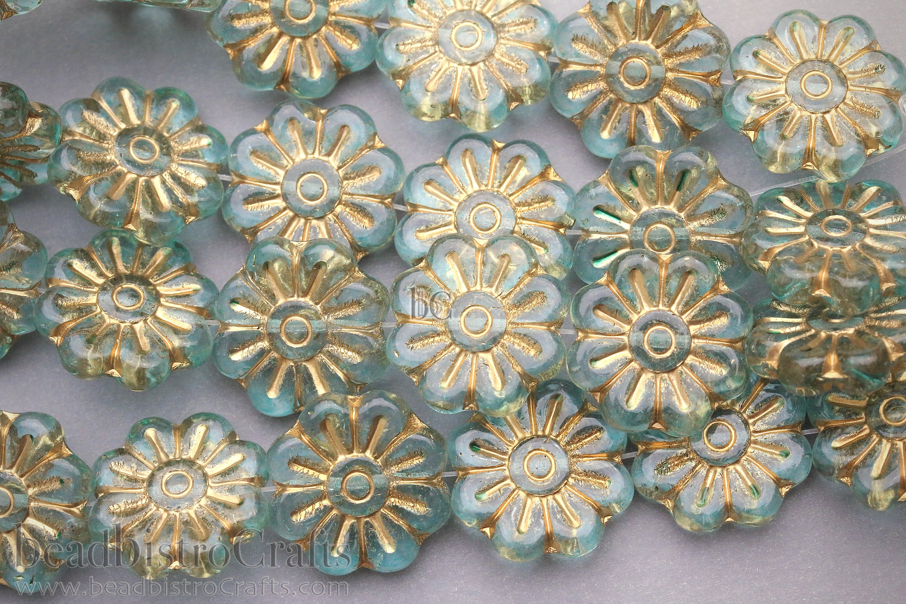 Czech Glass Daisy Flower Beads 18mm Crystal Pale SeaFoam Coat Gold Wash (4pcs)