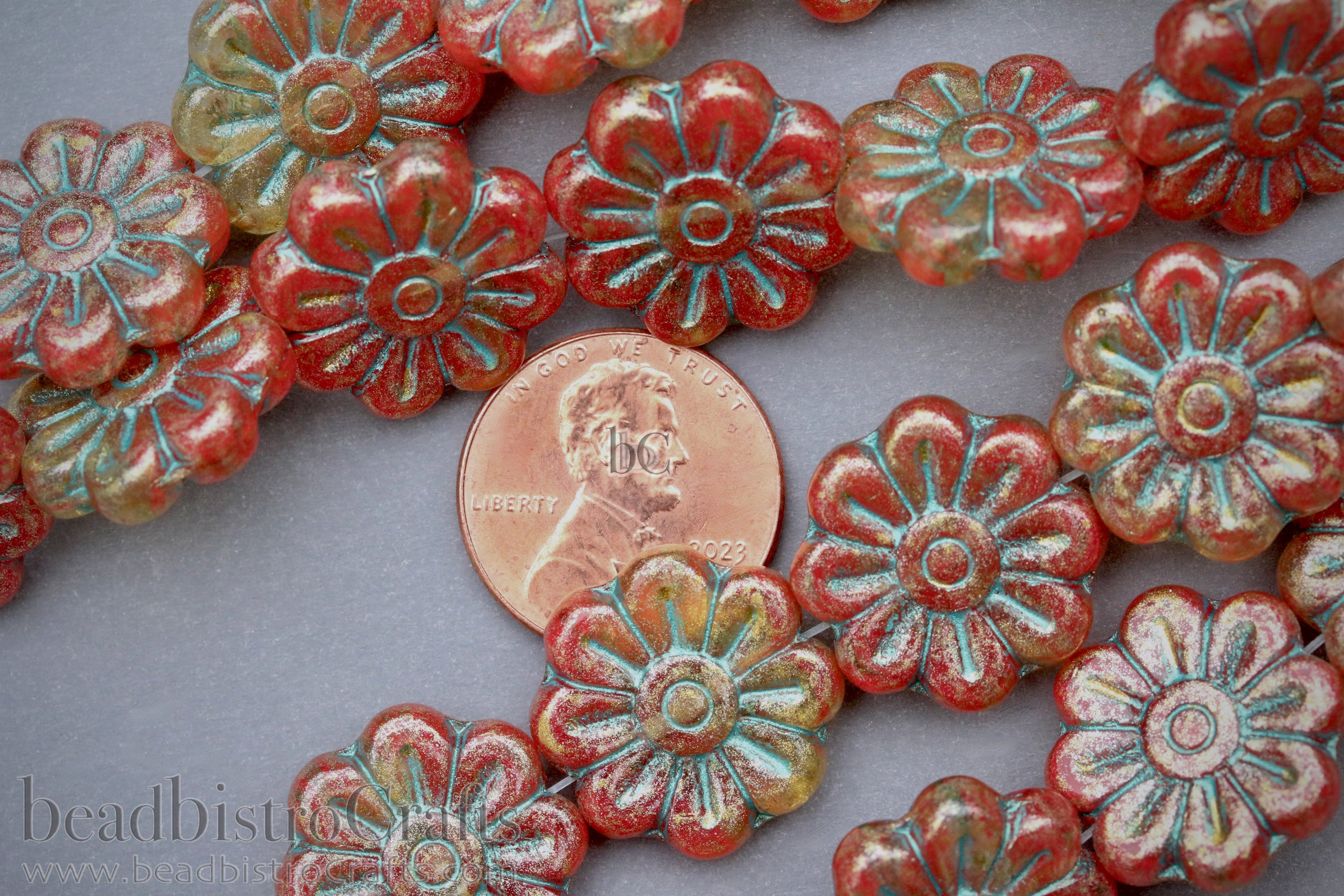 Czech Glass Daisy Flower Beads 18mm Crystal / Red Gold Shimmer Turquoise Wash (4pcs)