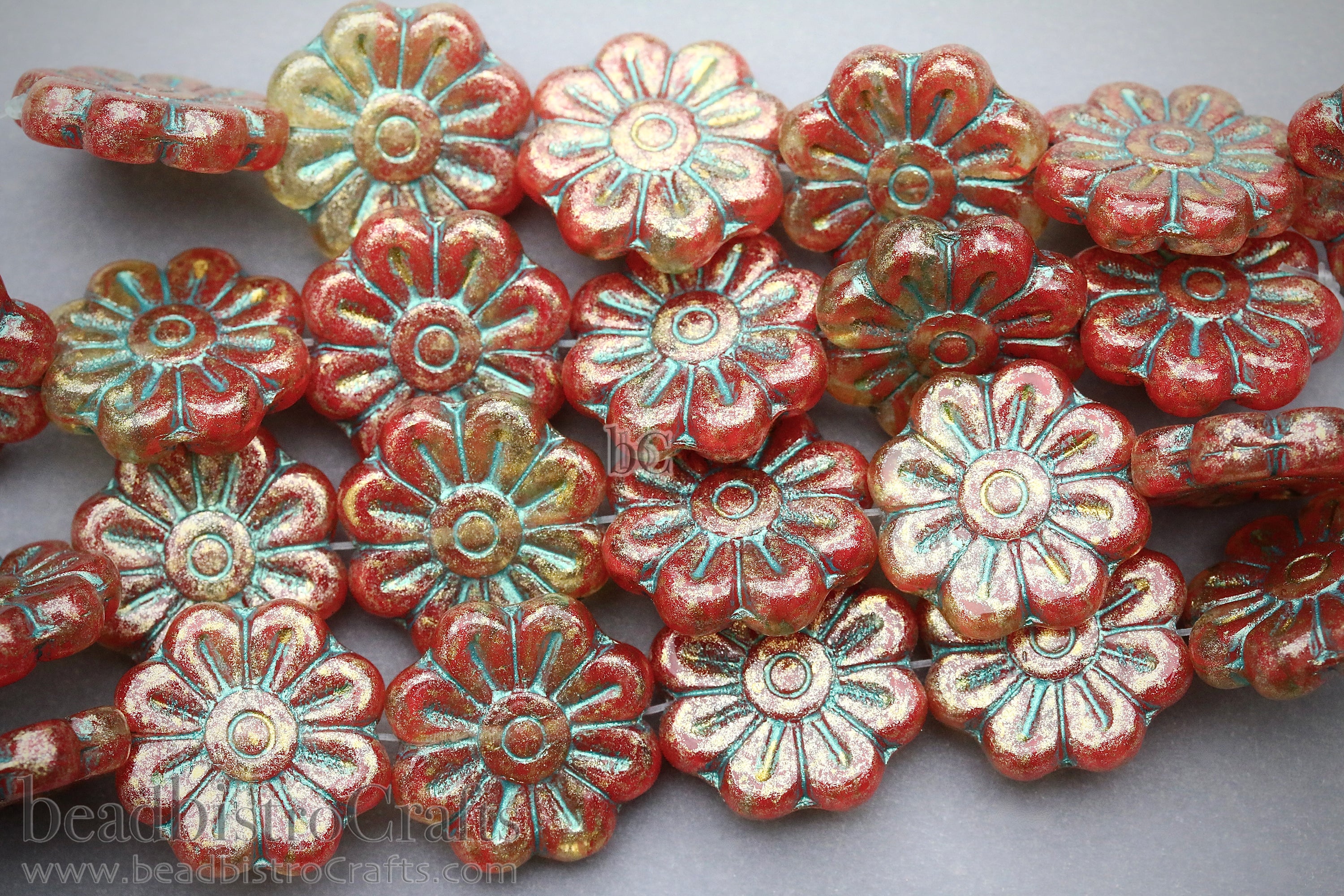 Czech Glass Daisy Flower Beads 18mm Crystal / Red Gold Shimmer Turquoise Wash (4pcs)