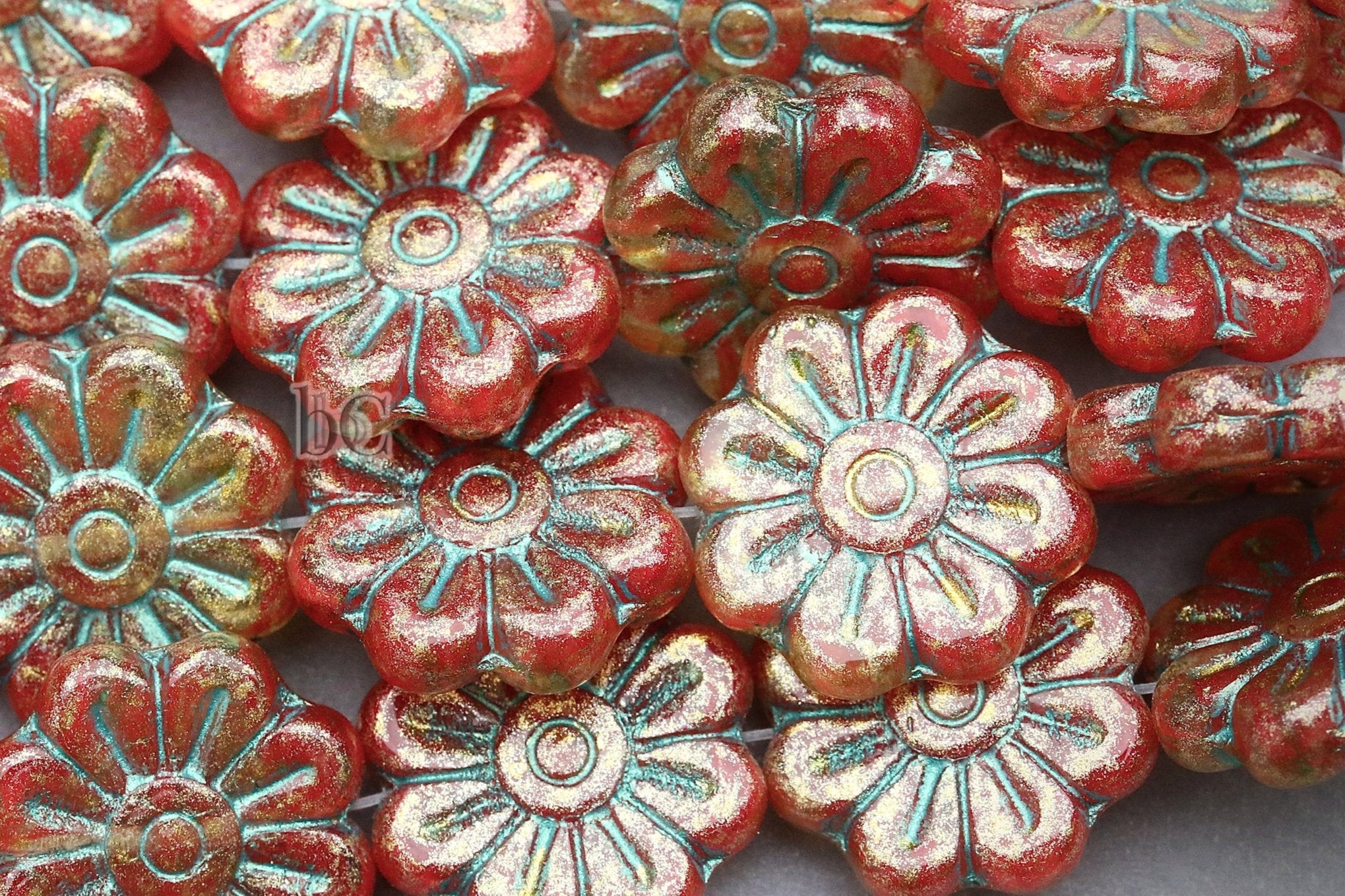 Czech Glass Daisy Flower Beads 18mm Crystal / Red Gold Shimmer Turquoise Wash (4pcs)