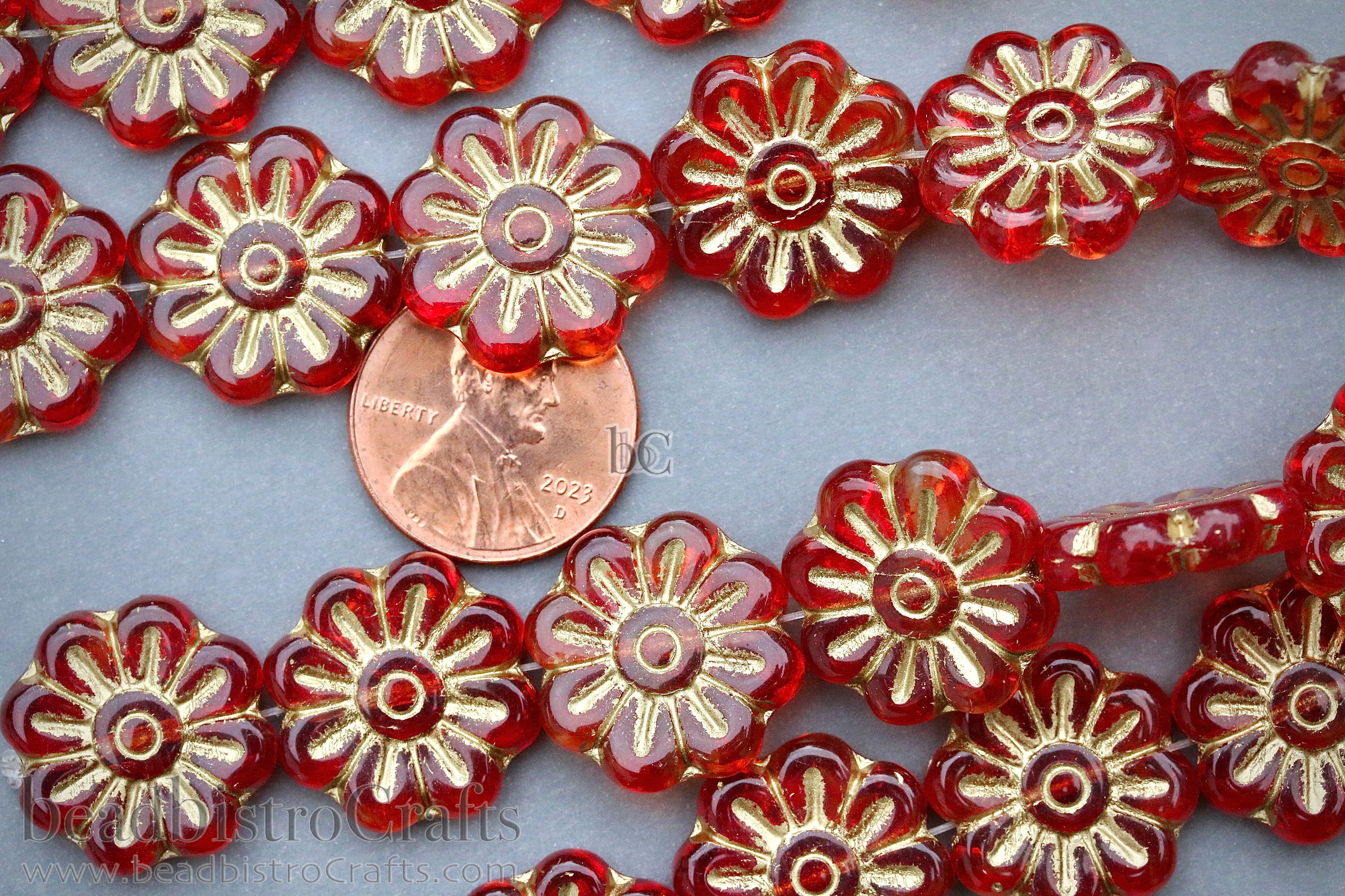 Czech Glass Daisy Flower Beads 18mm Crystal / Red Gold Wash (4pcs)