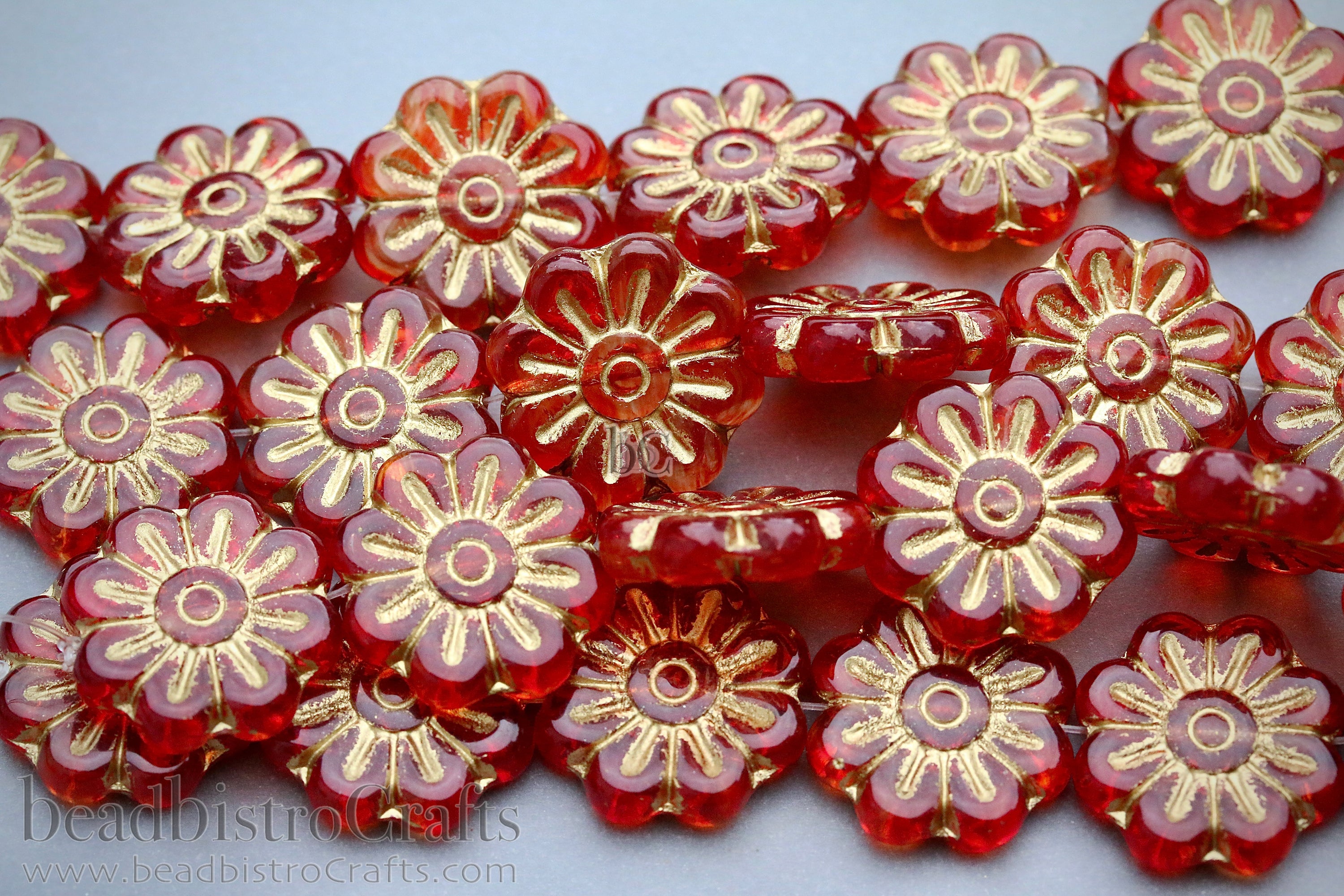 Czech Glass Daisy Flower Beads 18mm Crystal / Red Gold Wash (4pcs)