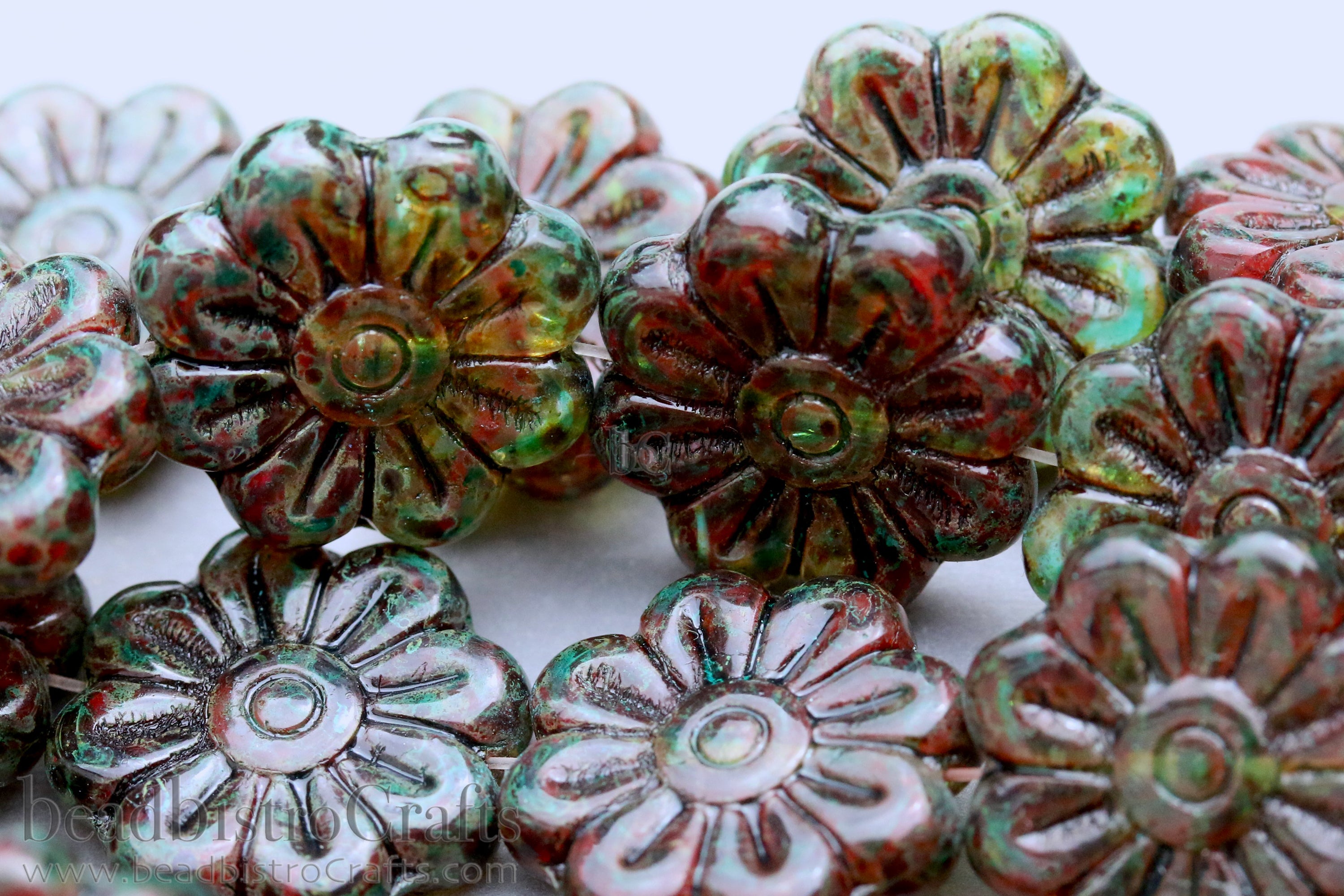 Czech Glass Daisy Flower Beads 18mm Crystal / Red Travertine Emerald Coat (4pcs)