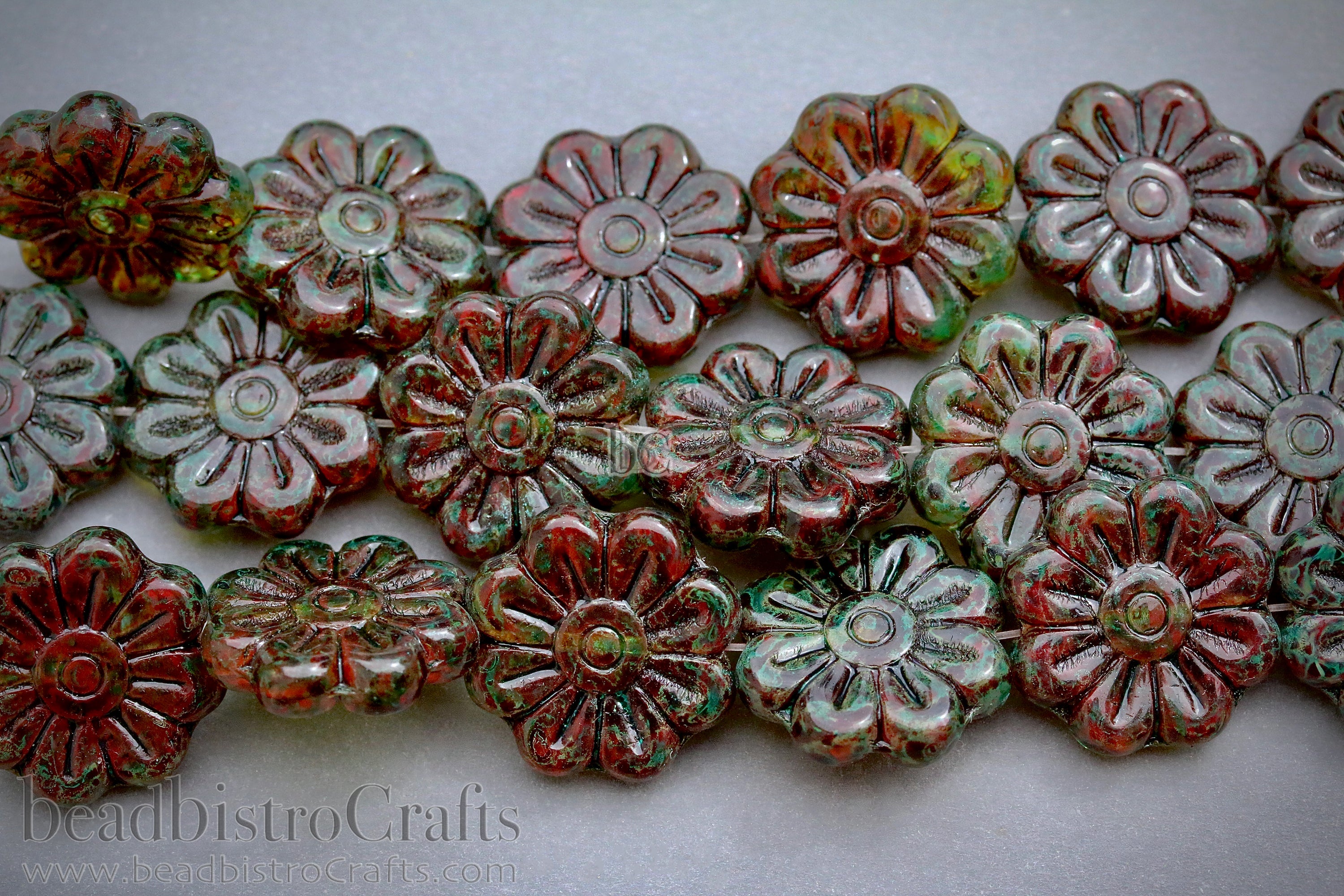 Czech Glass Daisy Flower Beads 18mm Crystal / Red Travertine Emerald Coat (4pcs)