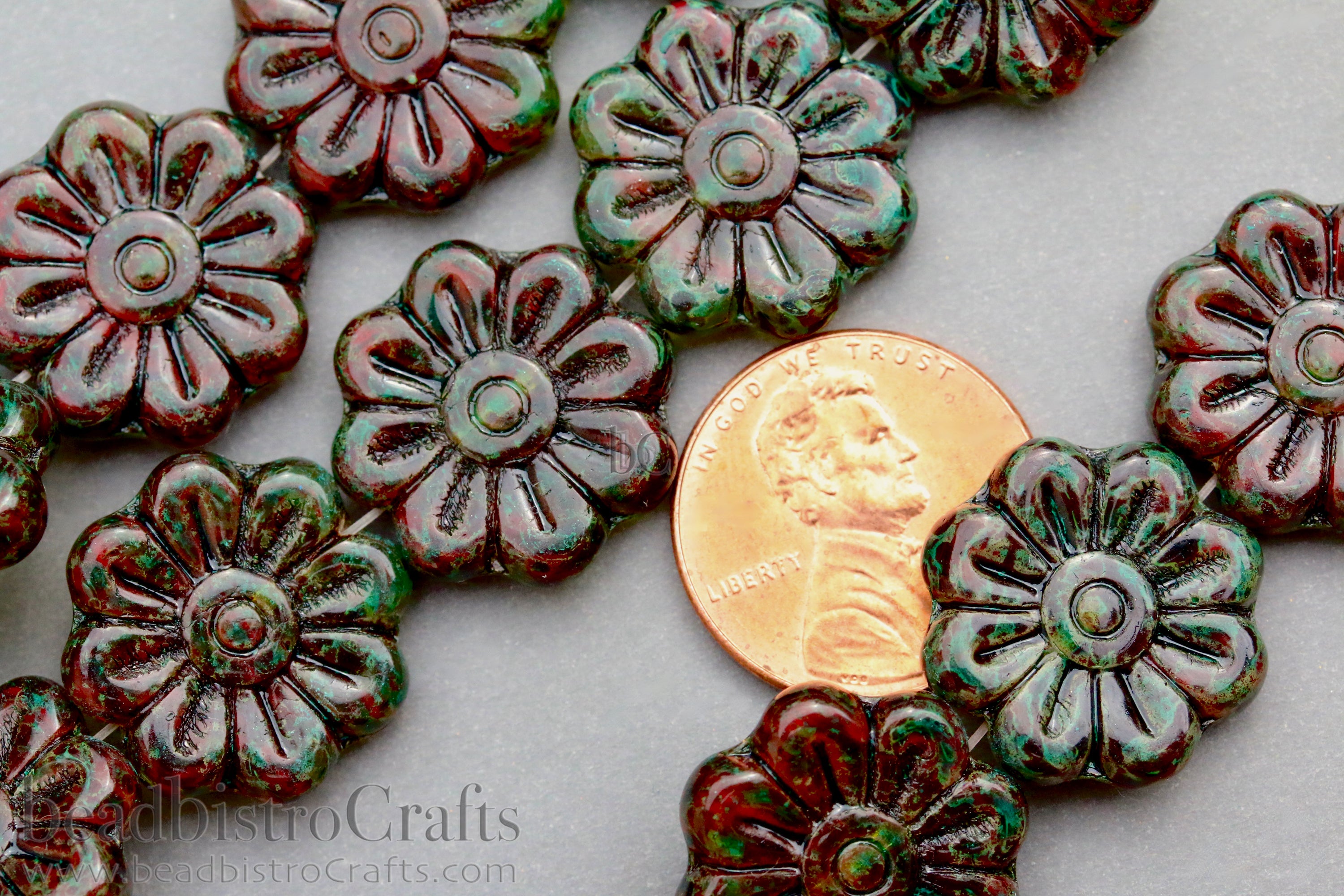 Czech Glass Daisy Flower Beads 18mm Crystal / Red Travertine Emerald Coat (4pcs)