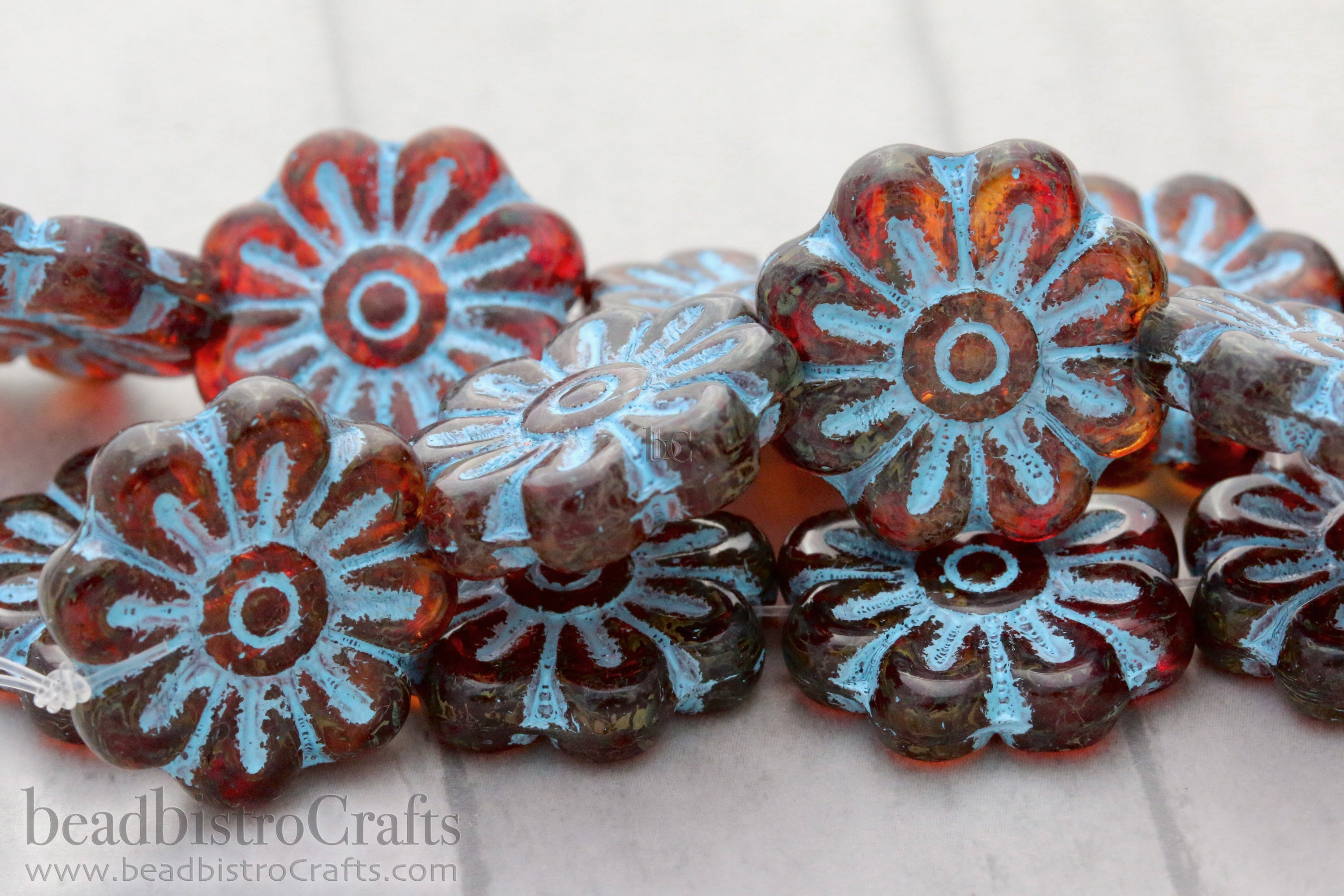 Czech Glass Daisy Flower Beads 18mm Cloudy Red Travertine Turquoise Blue Wash (4pcs)