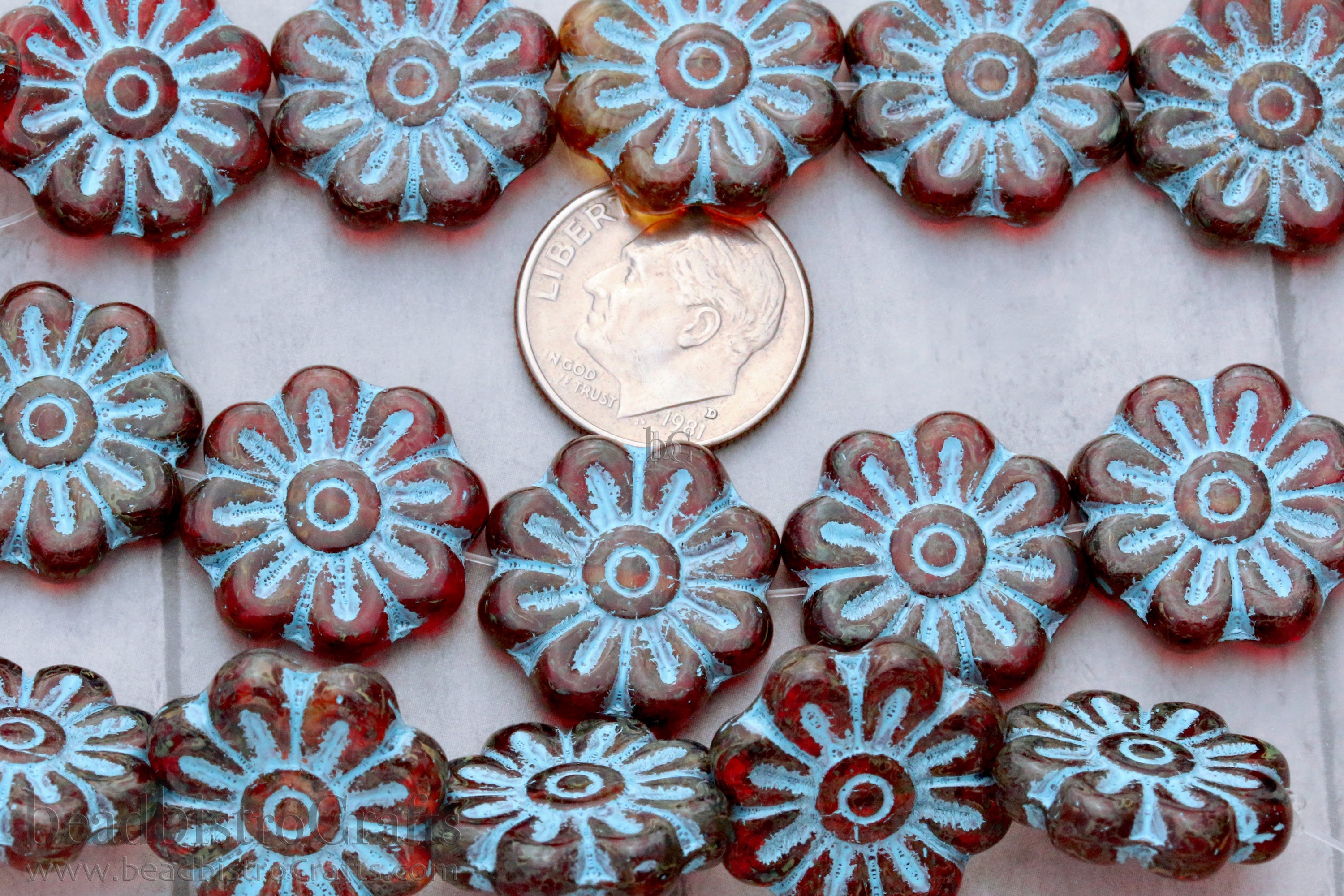 Czech Glass Daisy Flower Beads 18mm Cloudy Red Travertine Turquoise Blue Wash (4pcs)