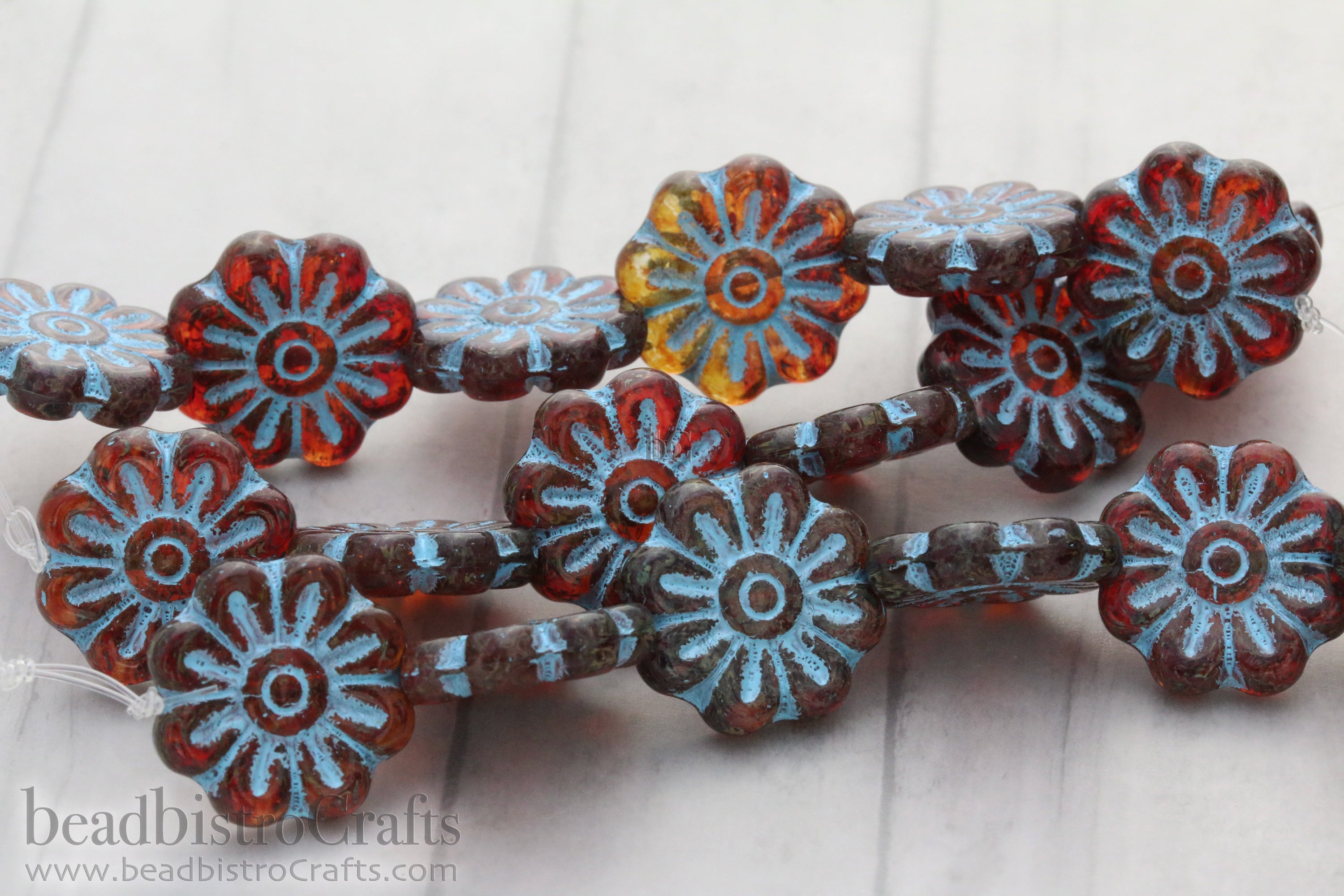 Czech Glass Daisy Flower Beads 18mm Cloudy Red Travertine Turquoise Blue Wash (4pcs)