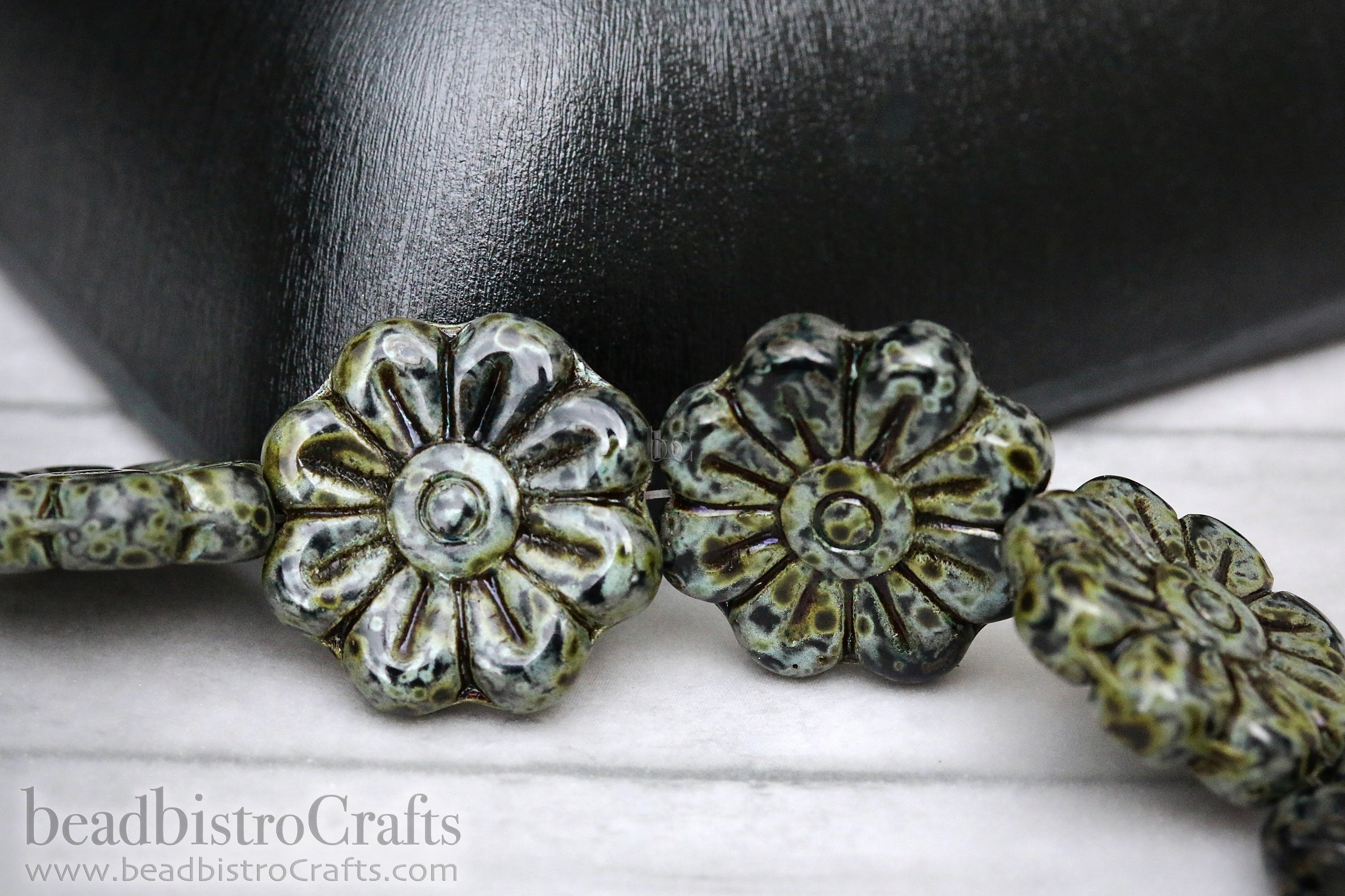 Czech Glass Daisy Flower Beads 18mm Jet Travertine (4pcs)