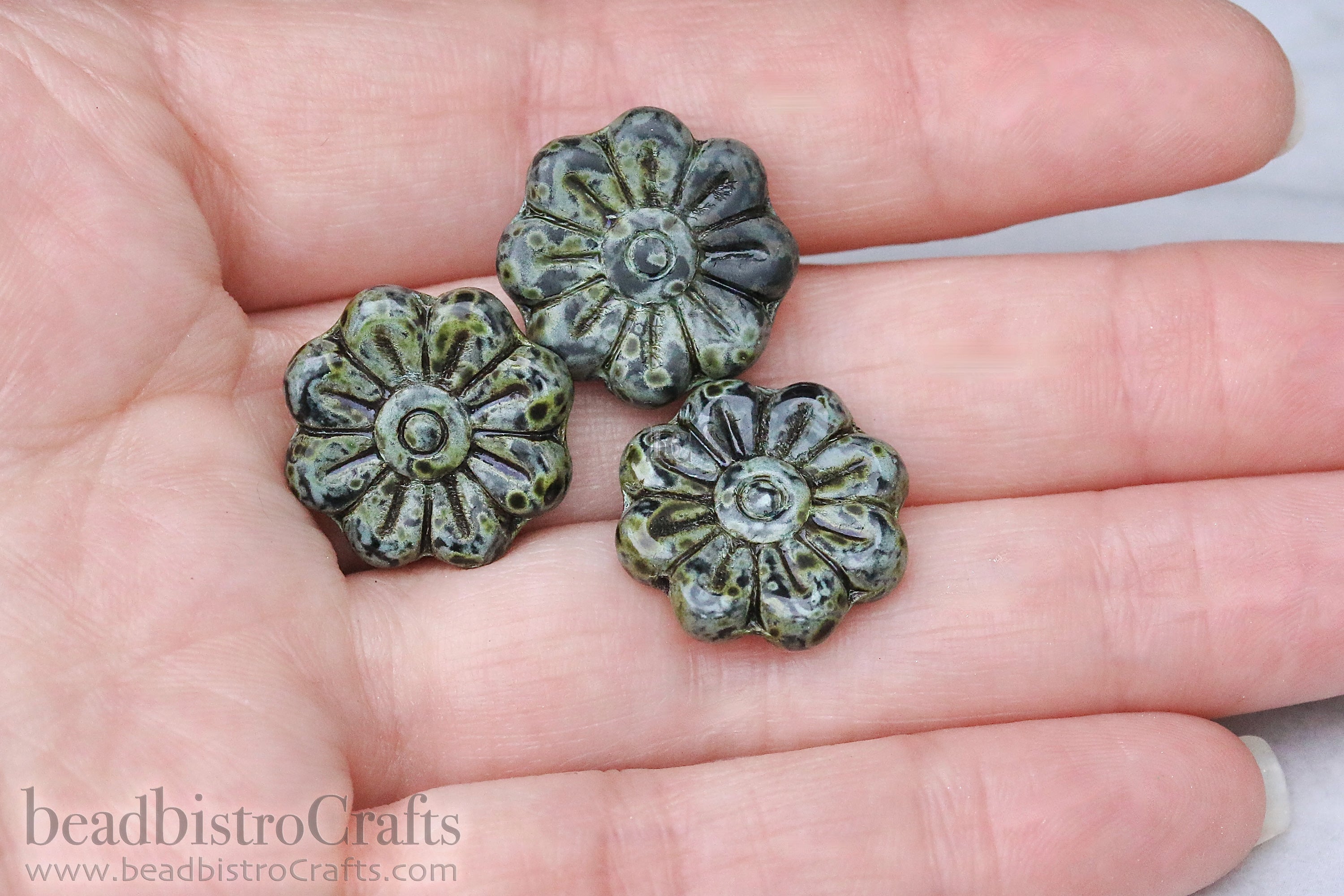 Czech Glass Daisy Flower Beads 18mm Jet Travertine (4pcs)