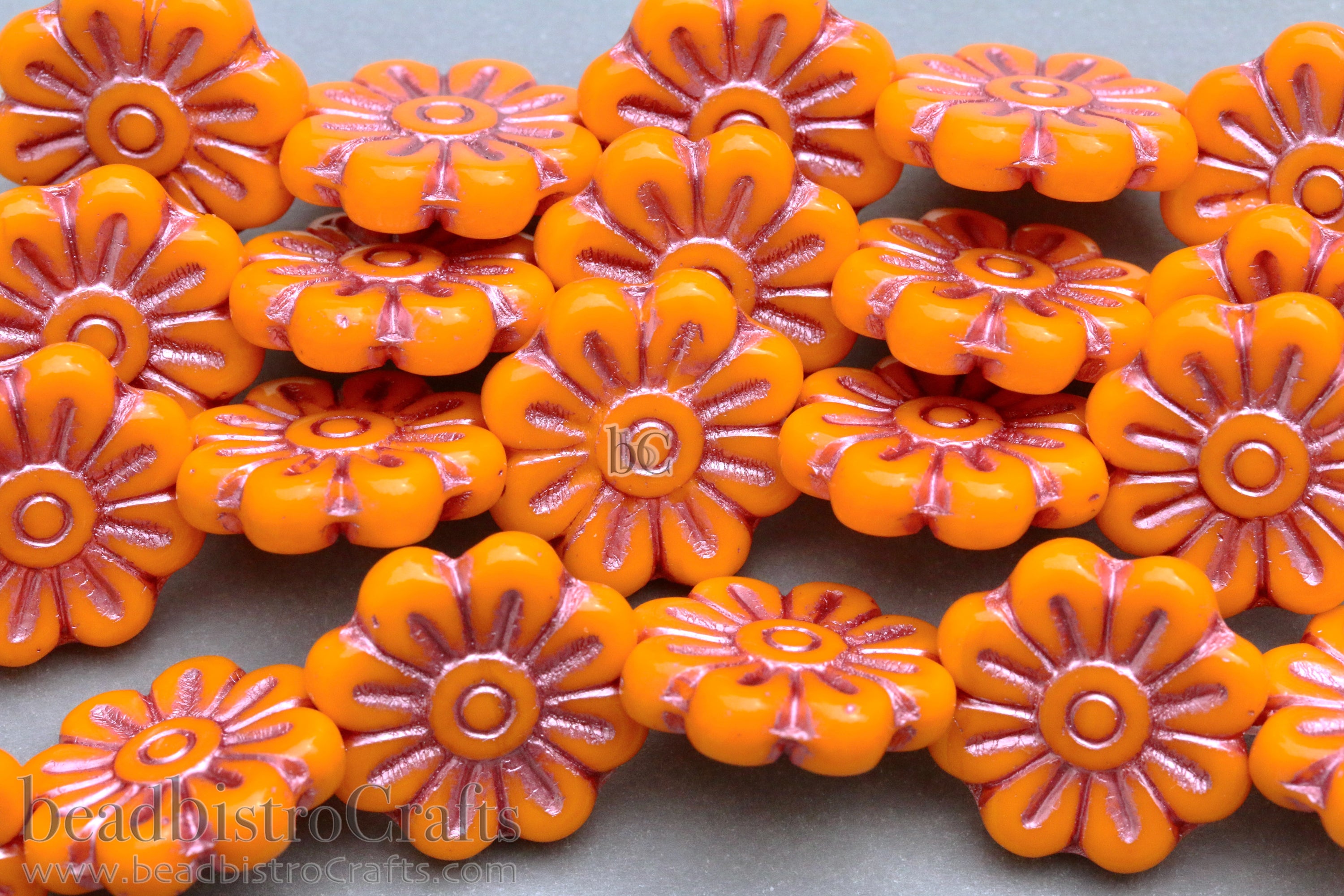 Czech Glass Daisy Flower Beads 18mm Opaque Tangerine Metallic Pink Wash (4pcs)