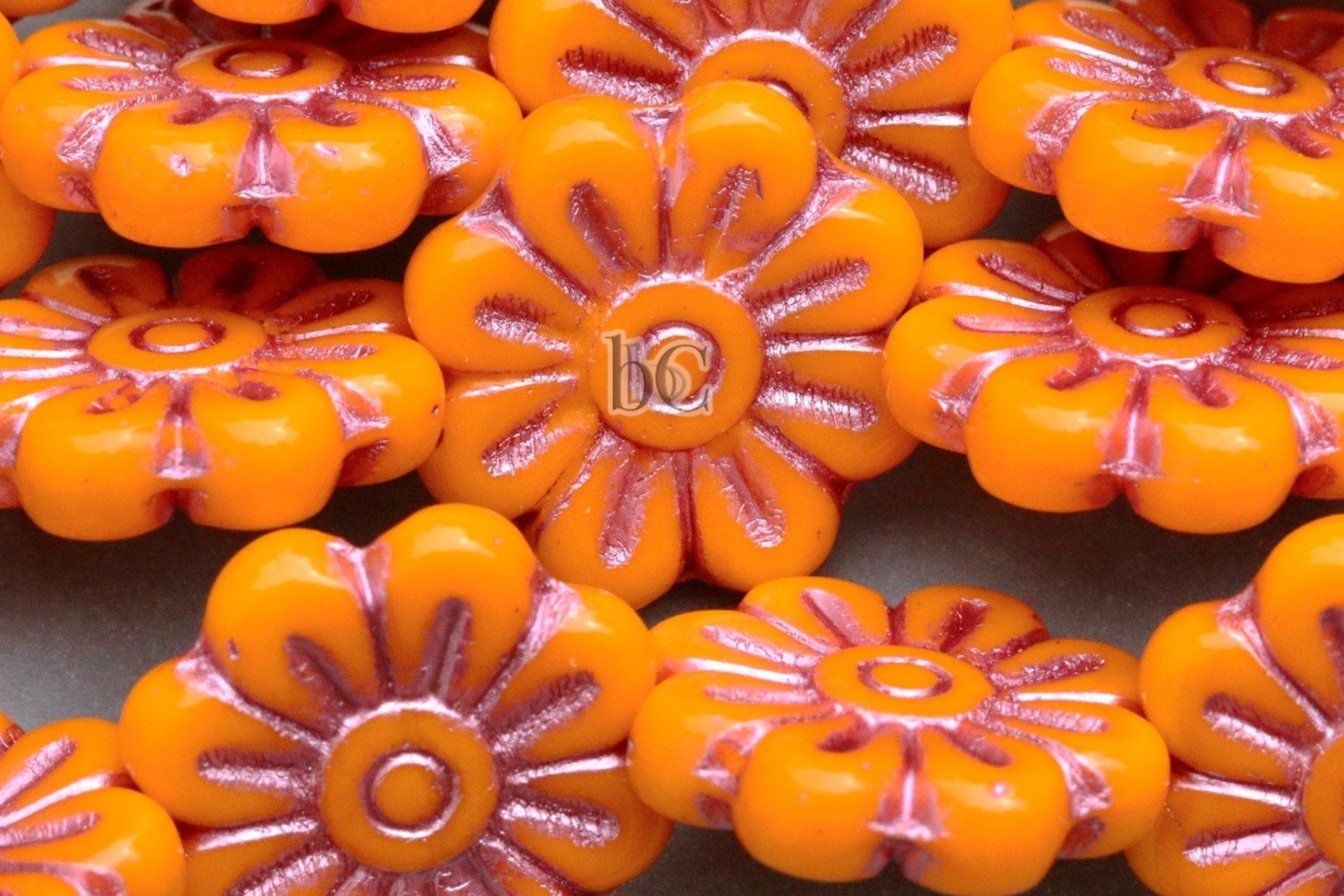 Czech Glass Daisy Flower Beads 18mm Opaque Tangerine Metallic Pink Wash (4pcs)