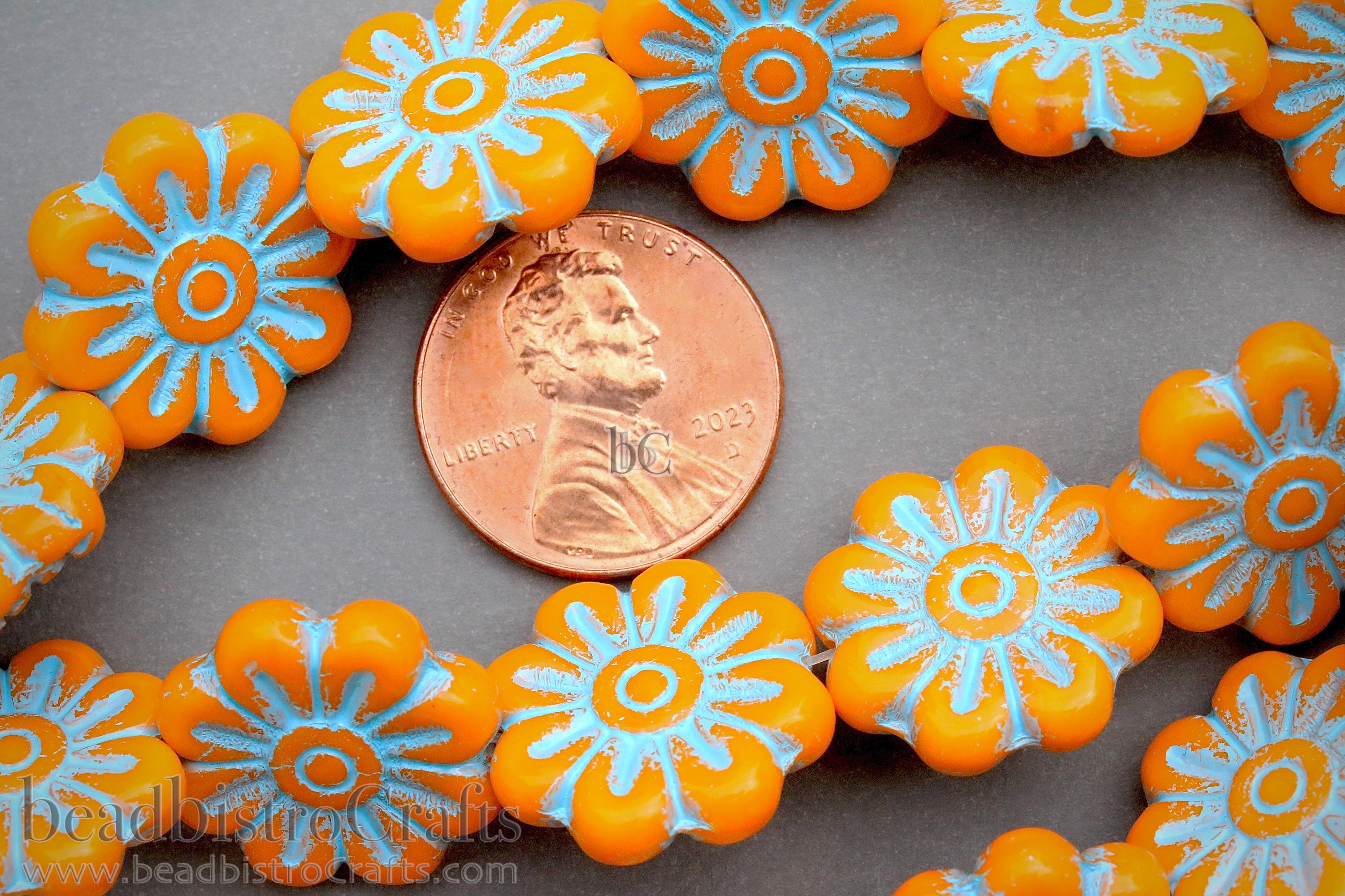 Czech Glass Daisy Flower Beads 18mm Opaque Tangerine Turquoise Blue Wash (4pcs)