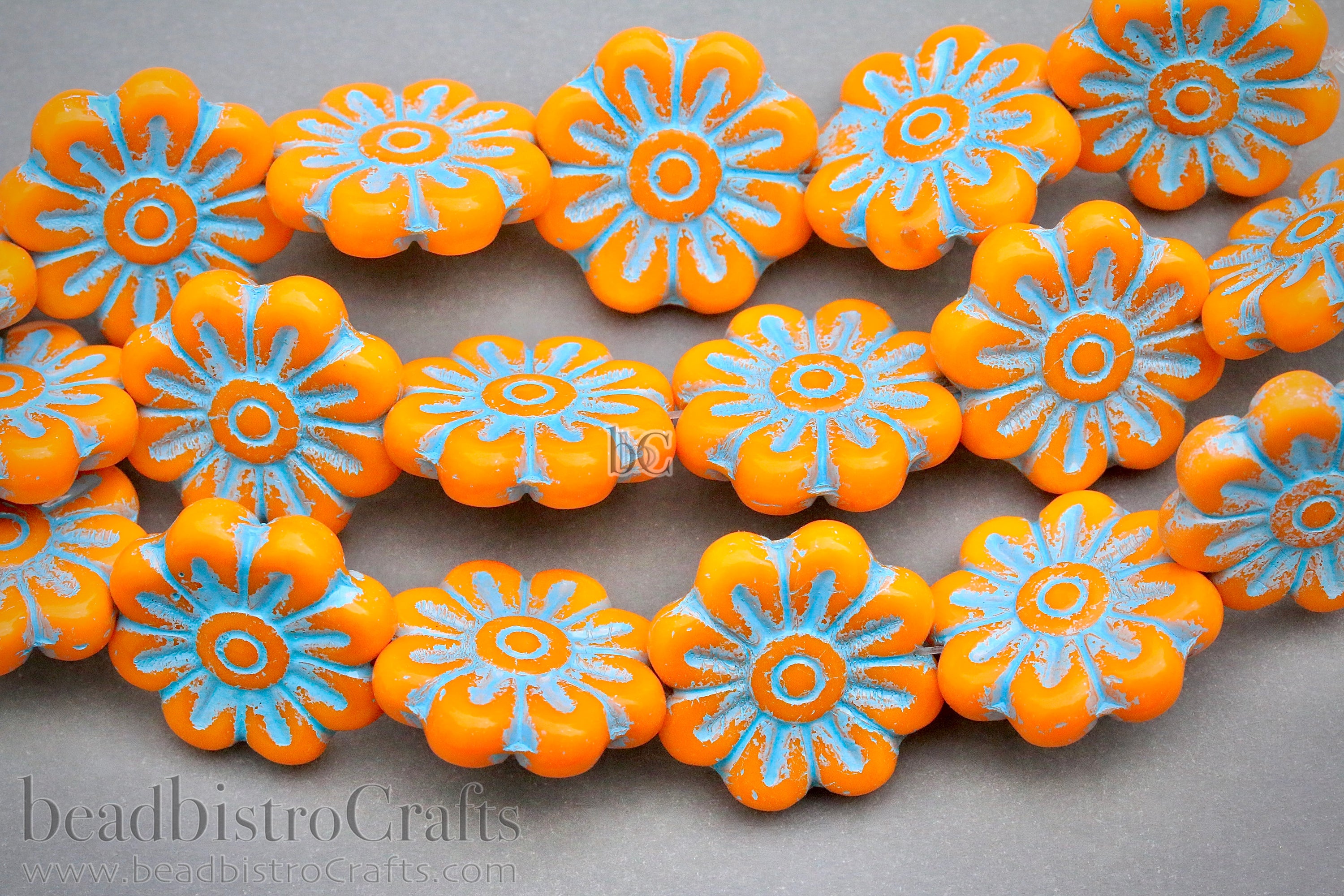 Czech Glass Daisy Flower Beads 18mm Opaque Tangerine Turquoise Blue Wash (4pcs)