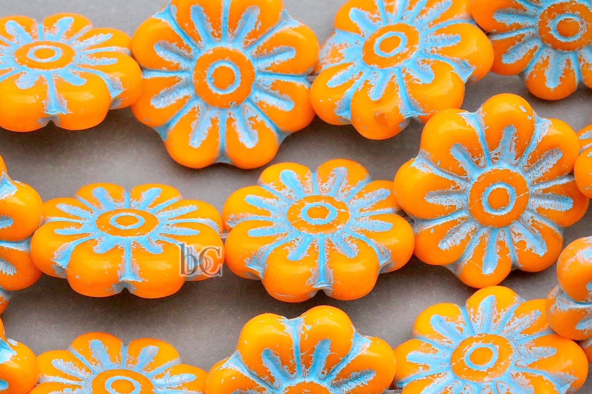 Czech Glass Daisy Flower Beads 18mm Opaque Tangerine Turquoise Blue Wash (4pcs)