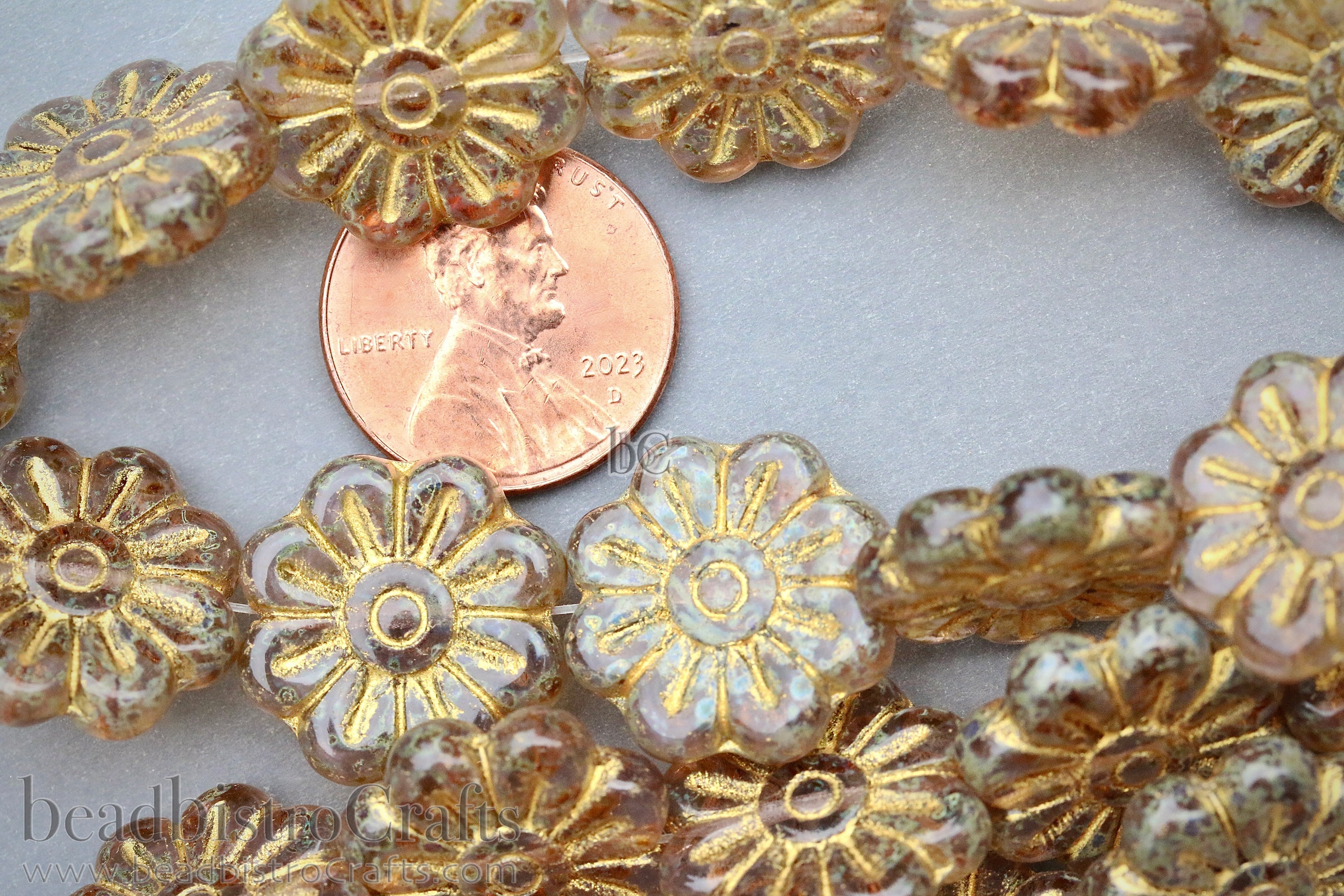 Czech Glass Daisy Flower Beads 18mm Honey Travertine Gold Wash (4pcs)