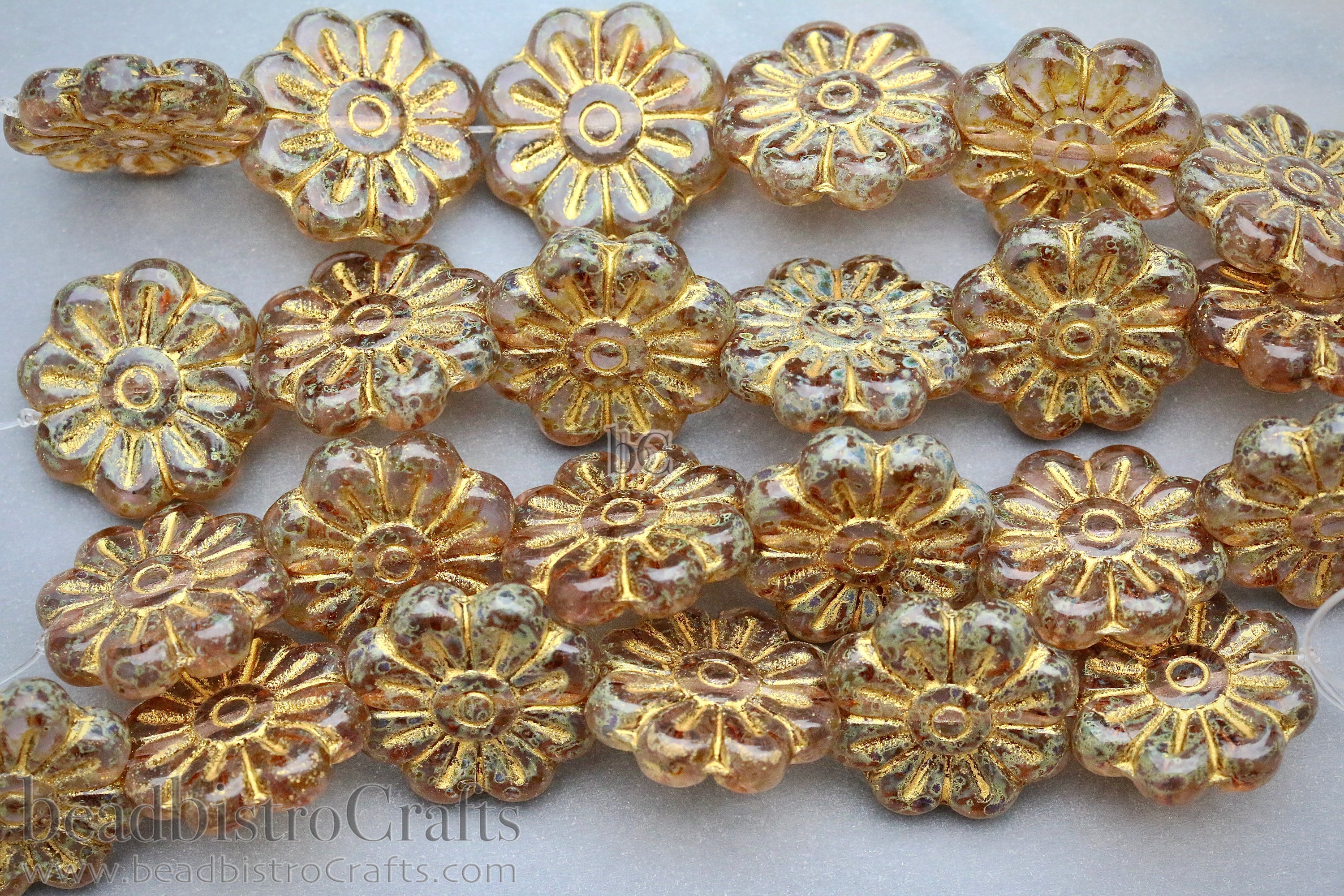 Czech Glass Daisy Flower Beads 18mm Honey Travertine Gold Wash (4pcs)