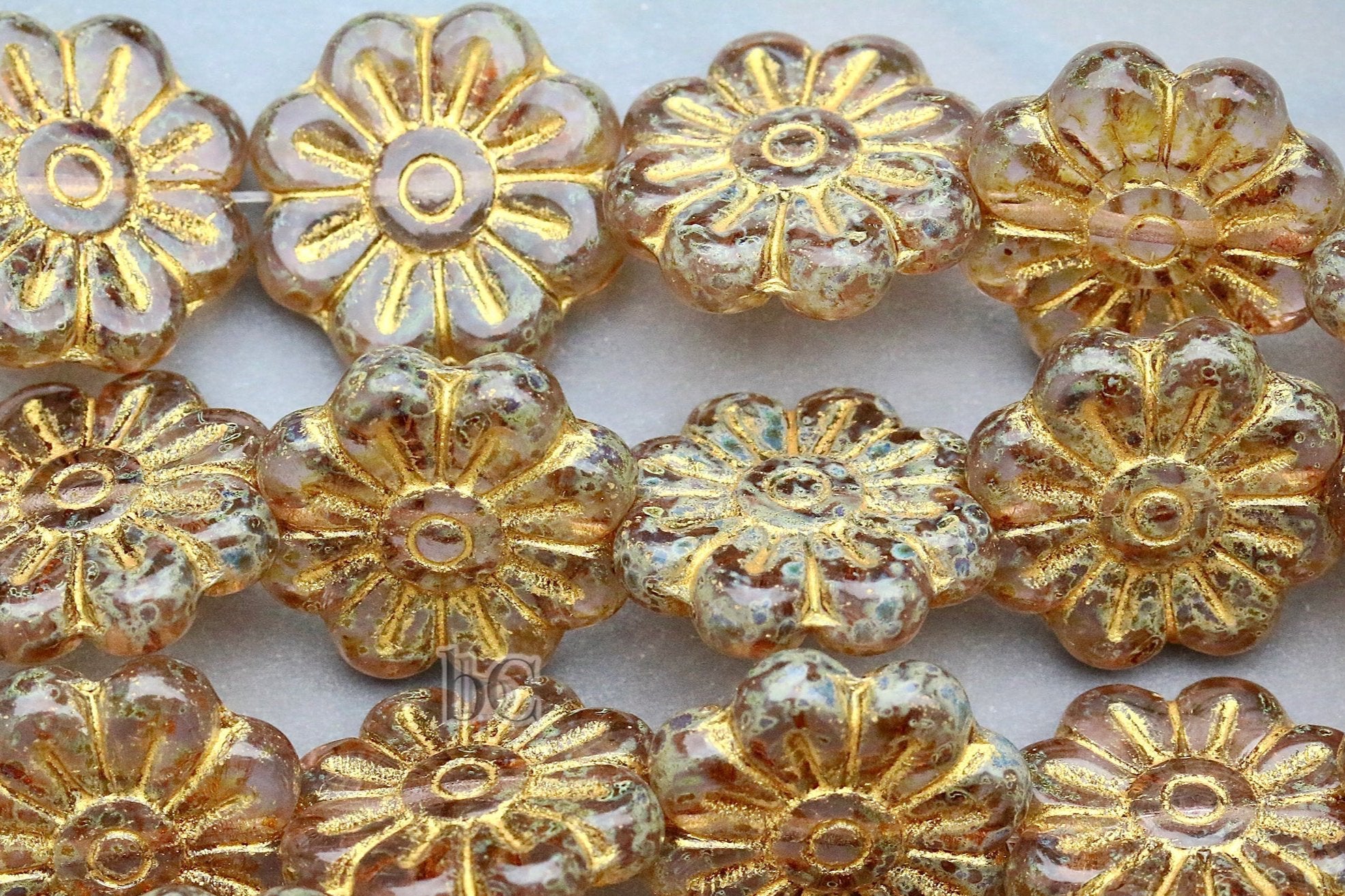 Czech Glass Daisy Flower Beads 18mm Honey Travertine Gold Wash (4pcs)