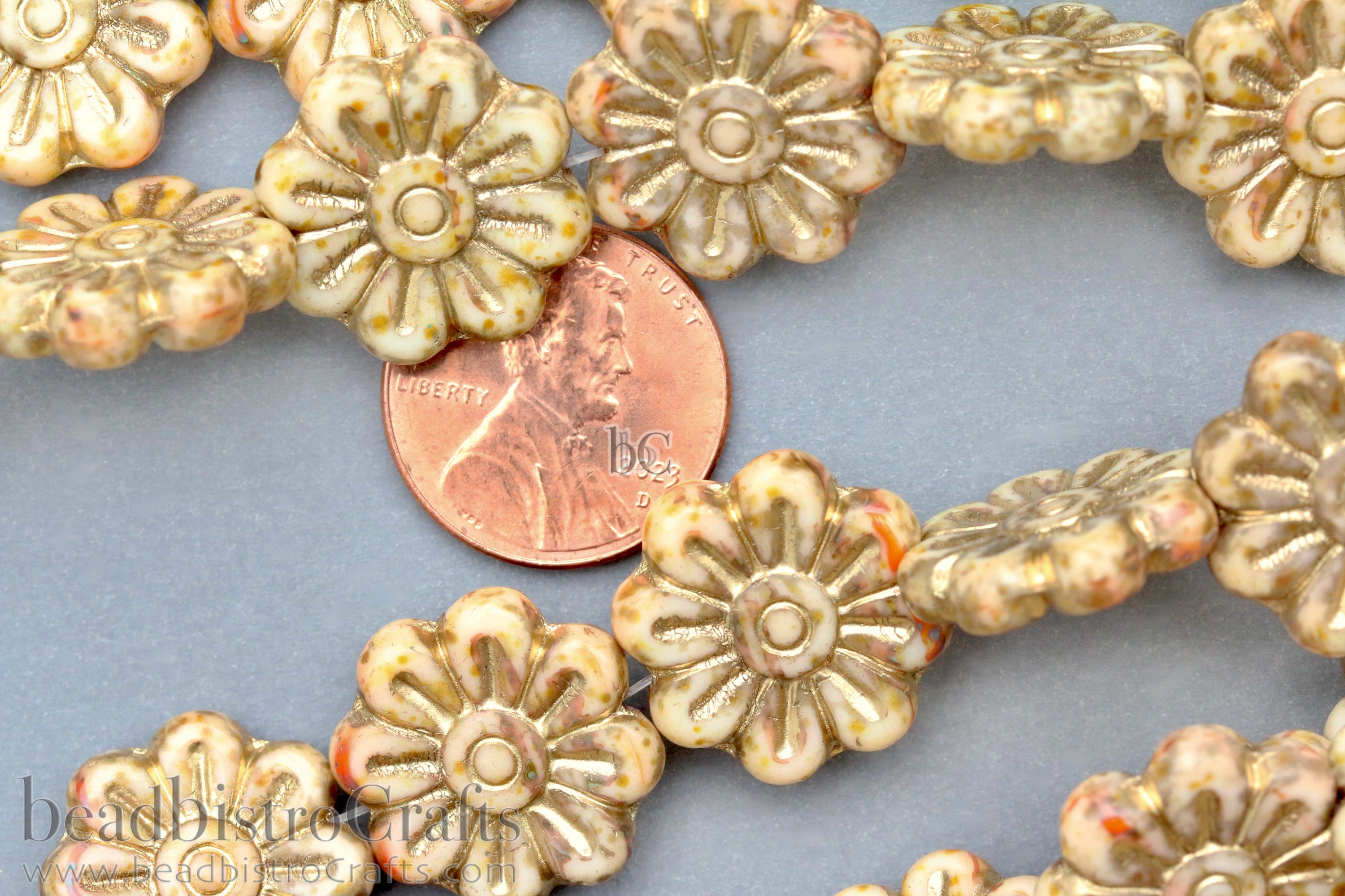 Czech Glass Daisy Flower Beads 18mm Alabaster Rustic Gold Wash (4pcs)