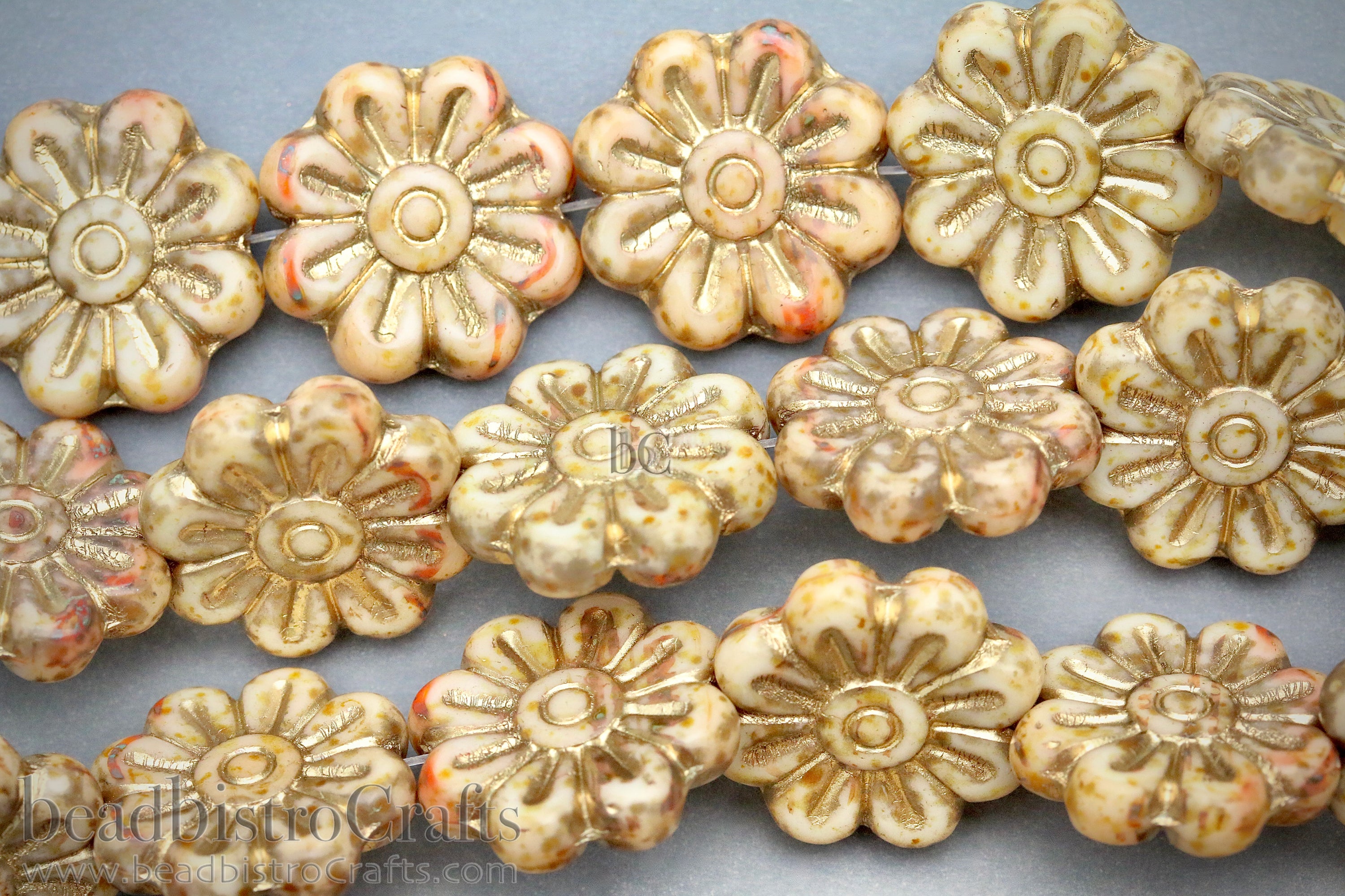 Czech Glass Daisy Flower Beads 18mm Alabaster Rustic Gold Wash (4pcs)