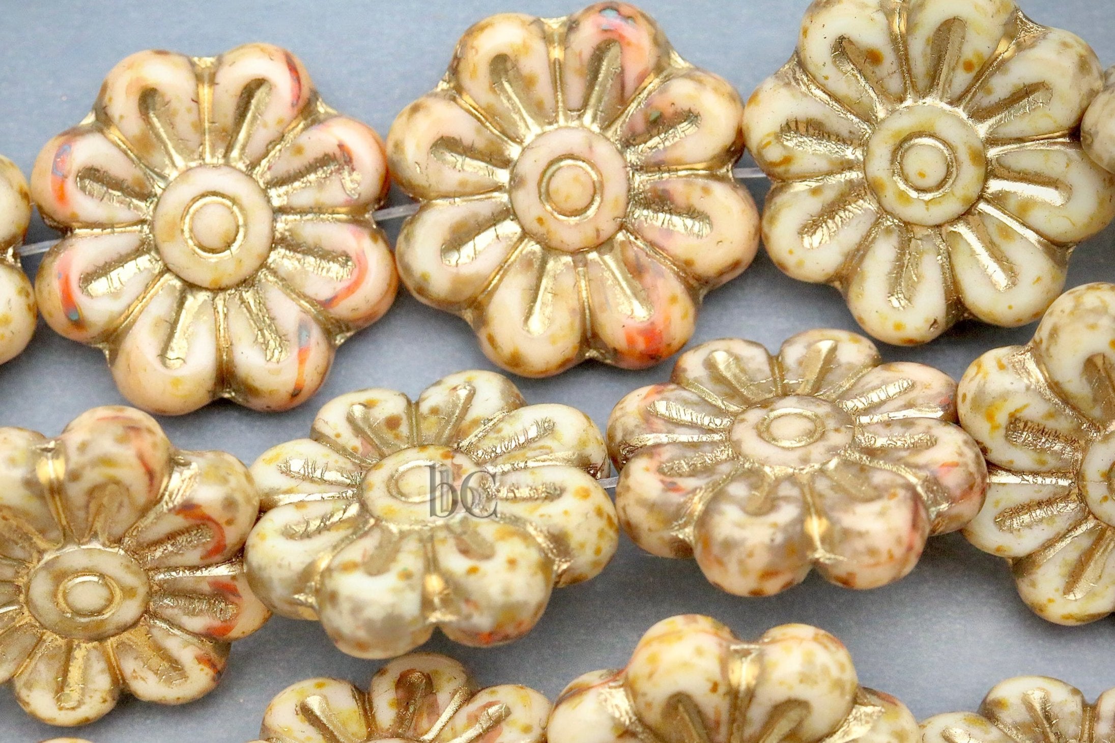 Czech Glass Daisy Flower Beads 18mm Alabaster Rustic Gold Wash (4pcs)