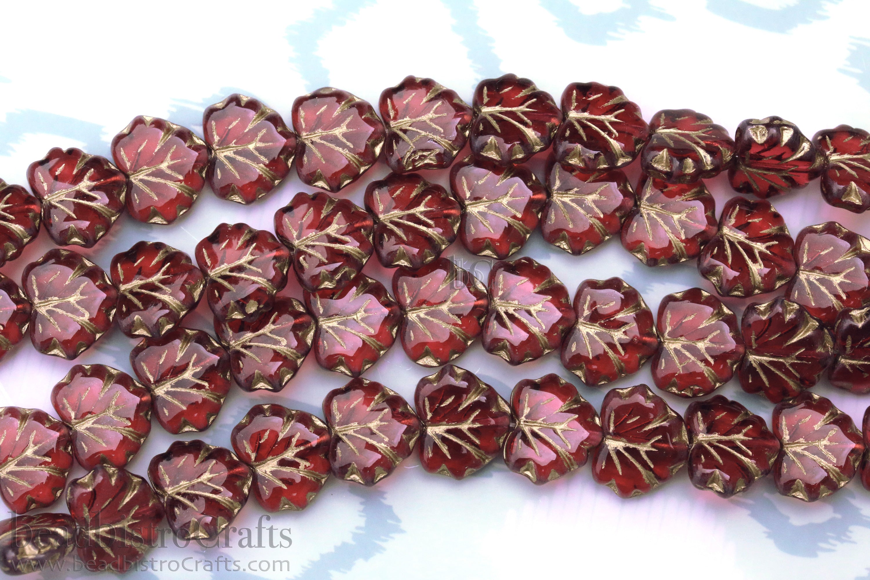 Czech Glass Grape / Maple Leaf Beads 13x10mm Transparent Fuchsia / Ruby Gold Wash (12pcs)