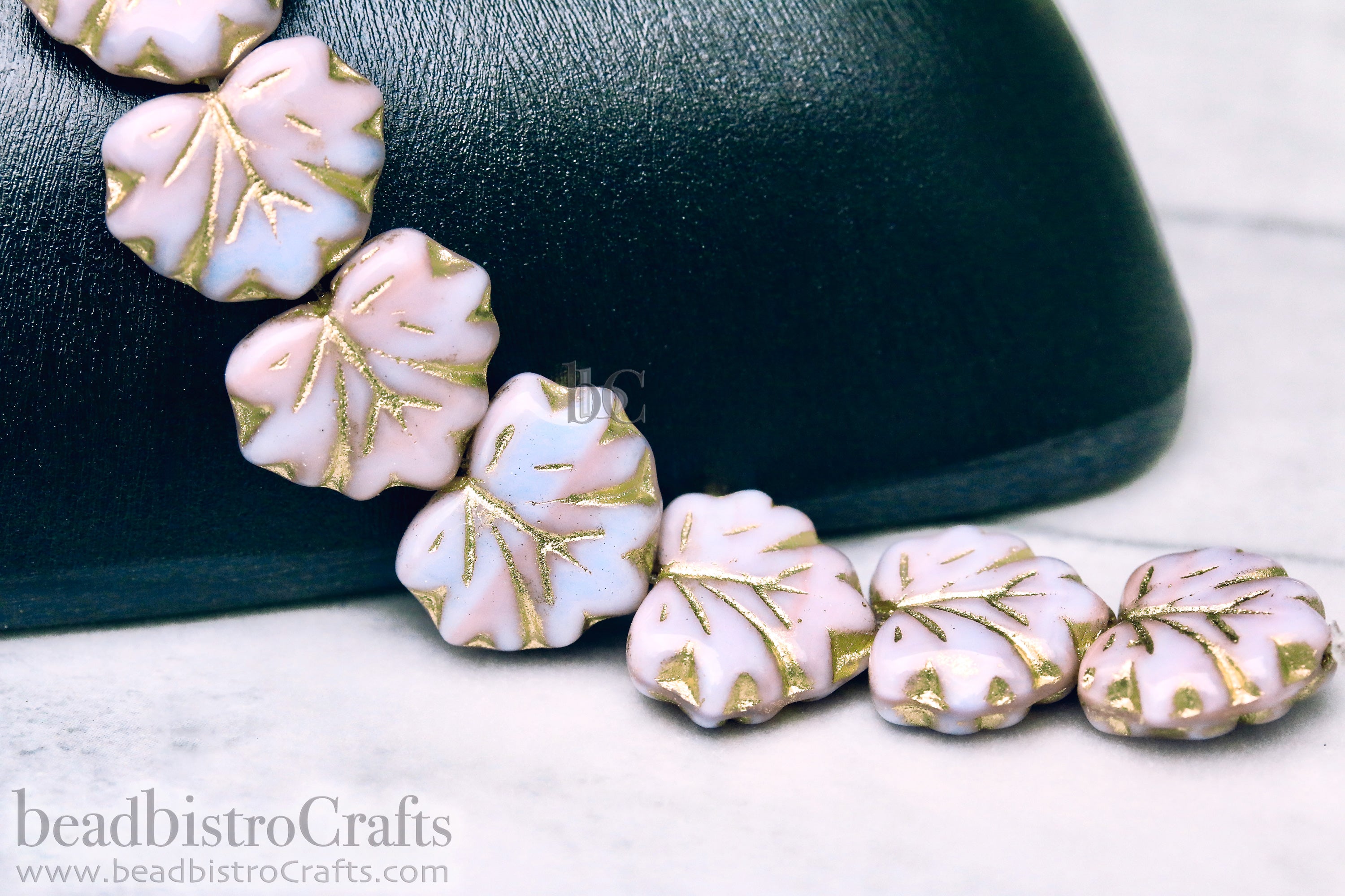 Czech Glass Grape / Maple Leaf Beads 13x10mm Pale Pink & Blue Rose / Gold Wash (12pcs)