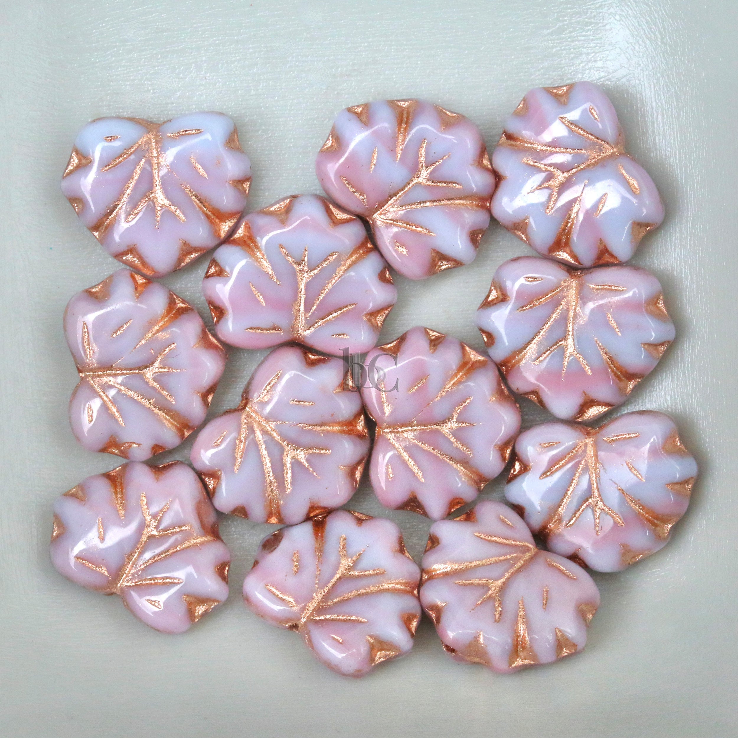 Czech Glass Grape / Maple Leaf Beads 13x10mm Pale Pink & Blue Rose / Gold Wash (12pcs)