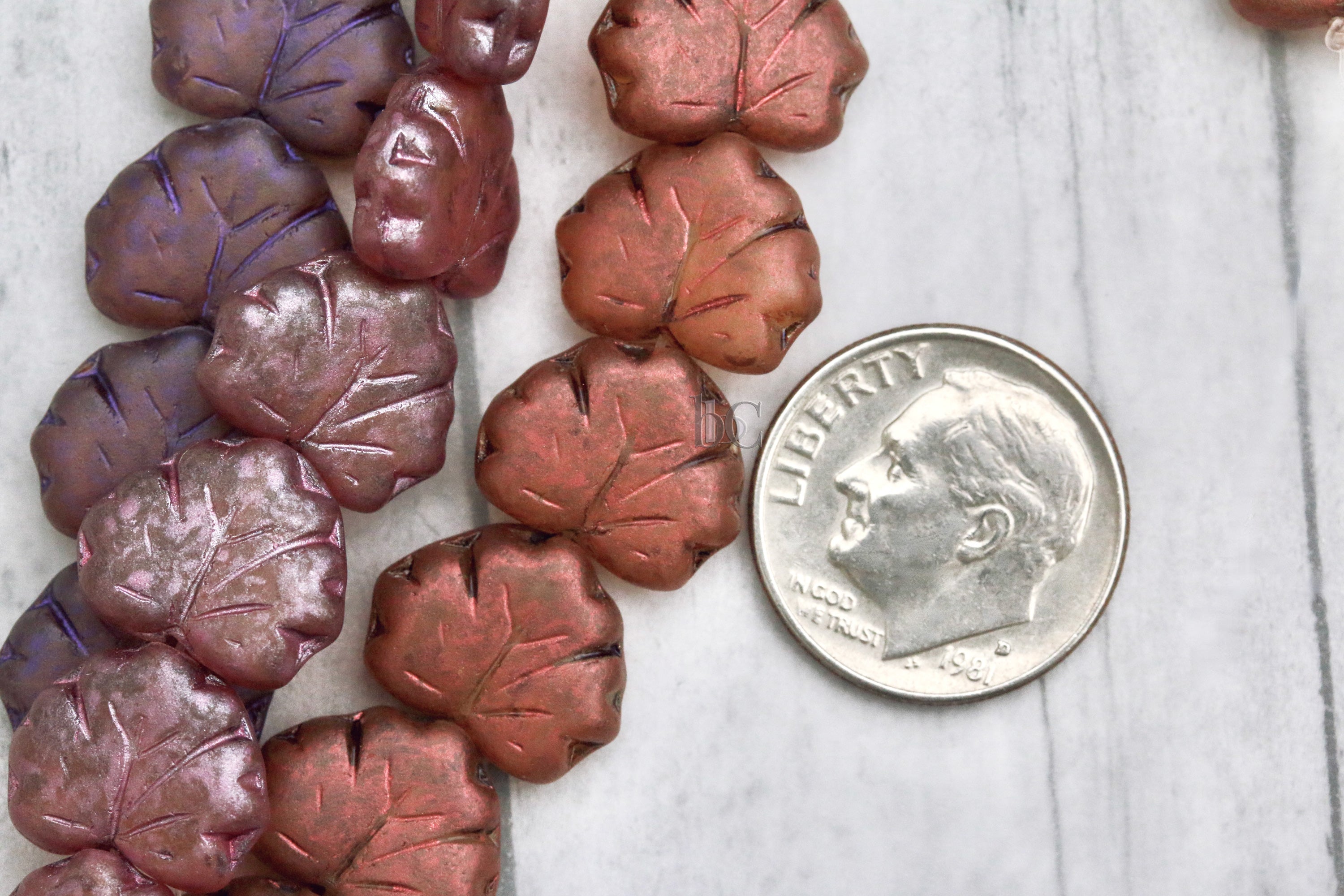 Czech Glass Grape / Maple Leaf Beads 13x10mm Satin Metallic finishes (12pcs)