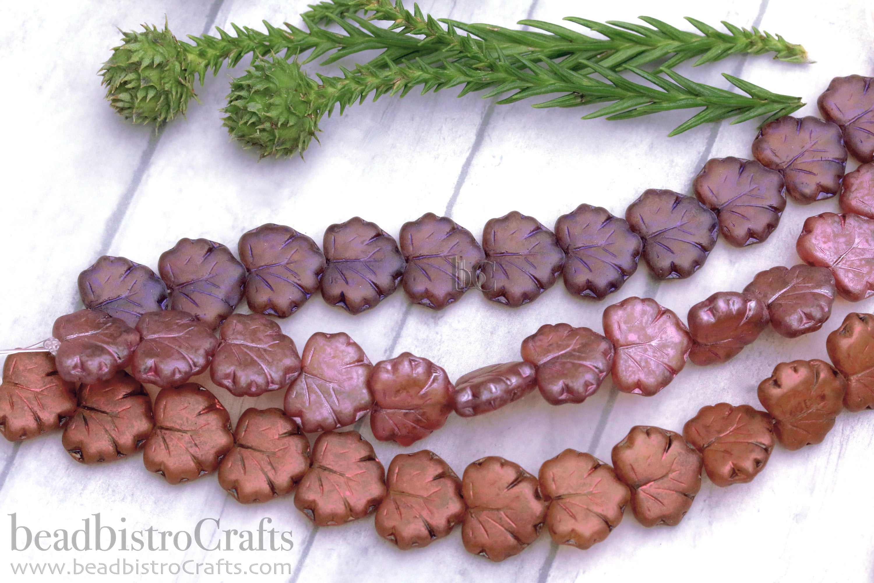 Czech Glass Grape / Maple Leaf Beads 13x10mm Satin Metallic finishes (12pcs)