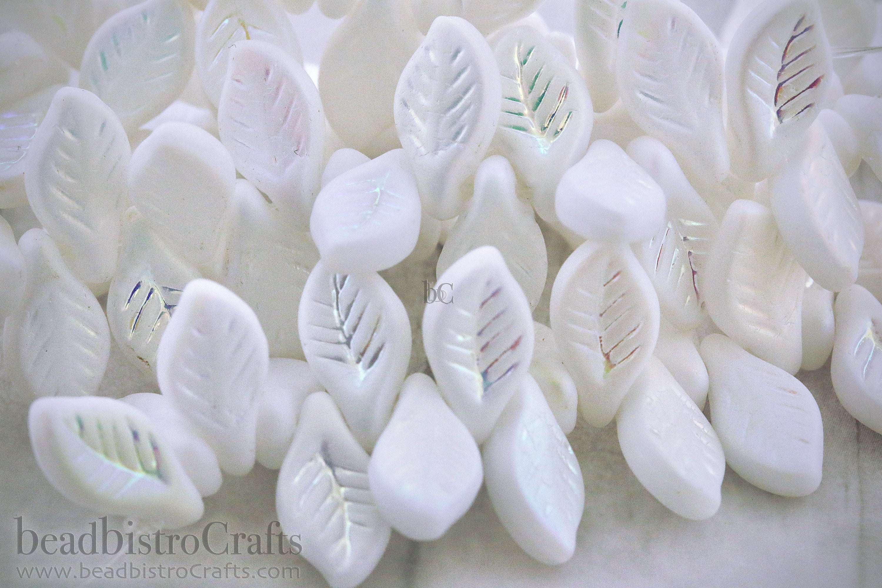 Czech Glass Bay Leaf Beads 6x12mm Alabaster Matte Full AB (20pcs)