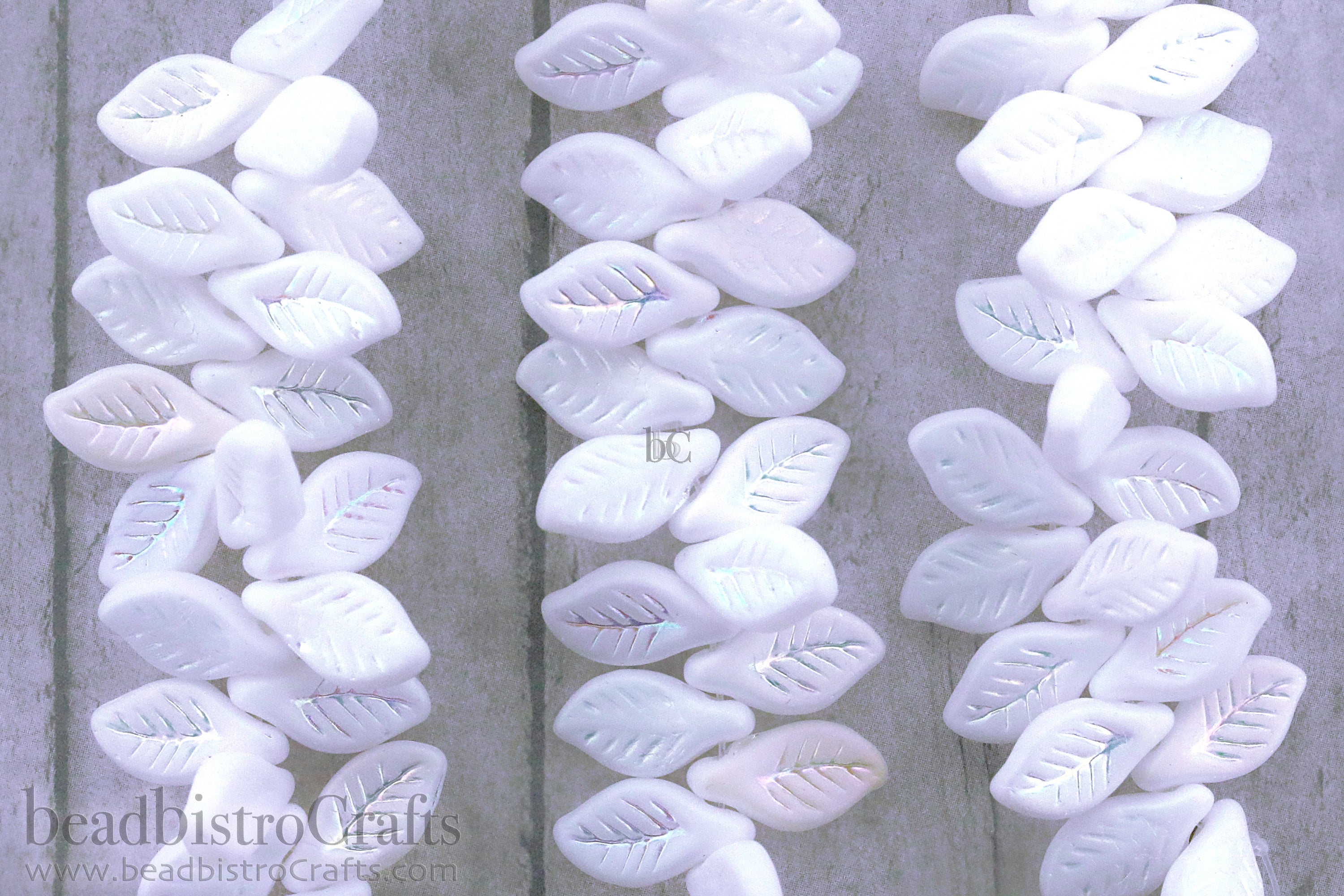 Czech Glass Bay Leaf Beads 6x12mm Alabaster Matte Full AB (20pcs)