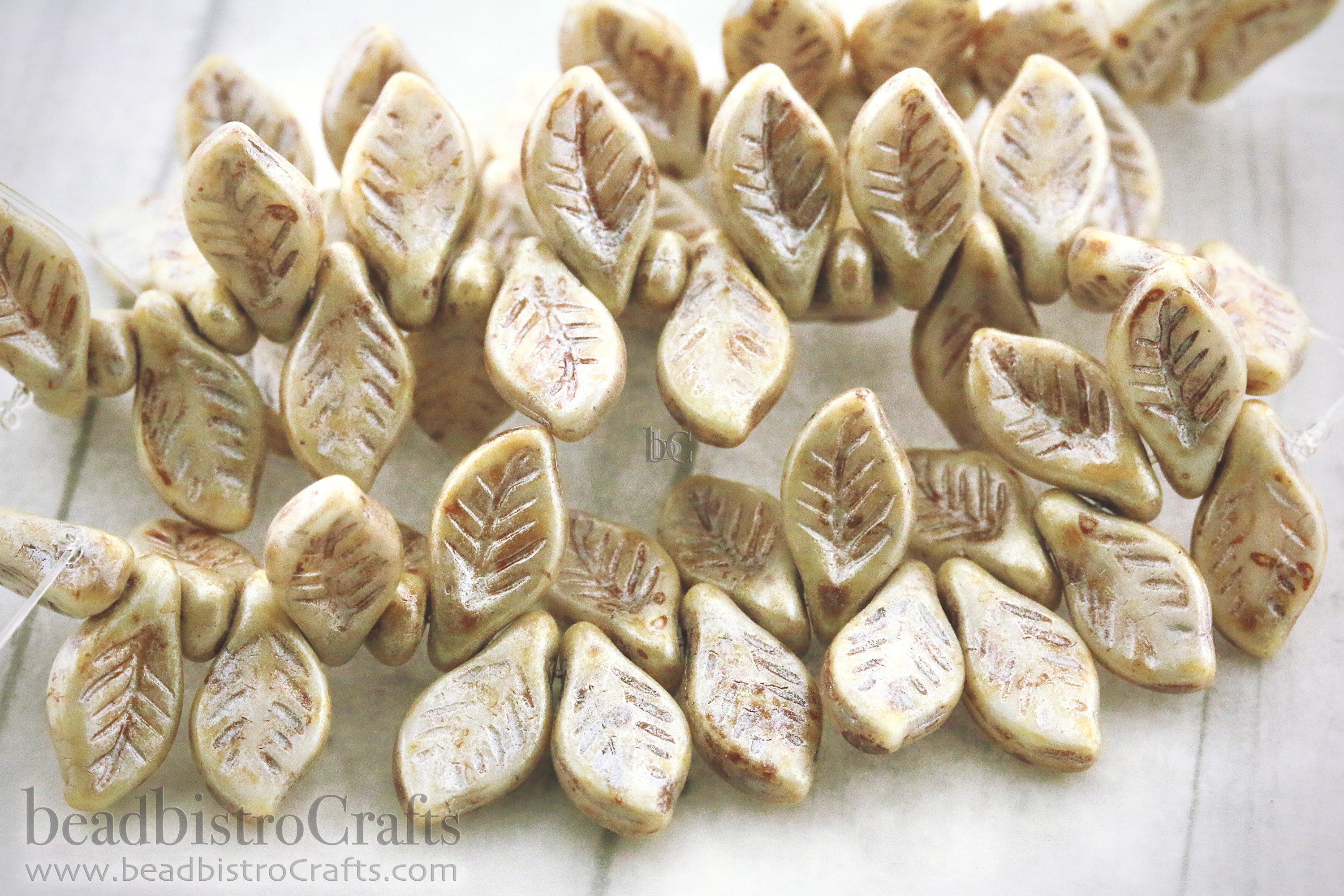 Czech Glass Bay Leaf Beads 6x12mm Alabaster Satin Caraway Luster (20pcs)