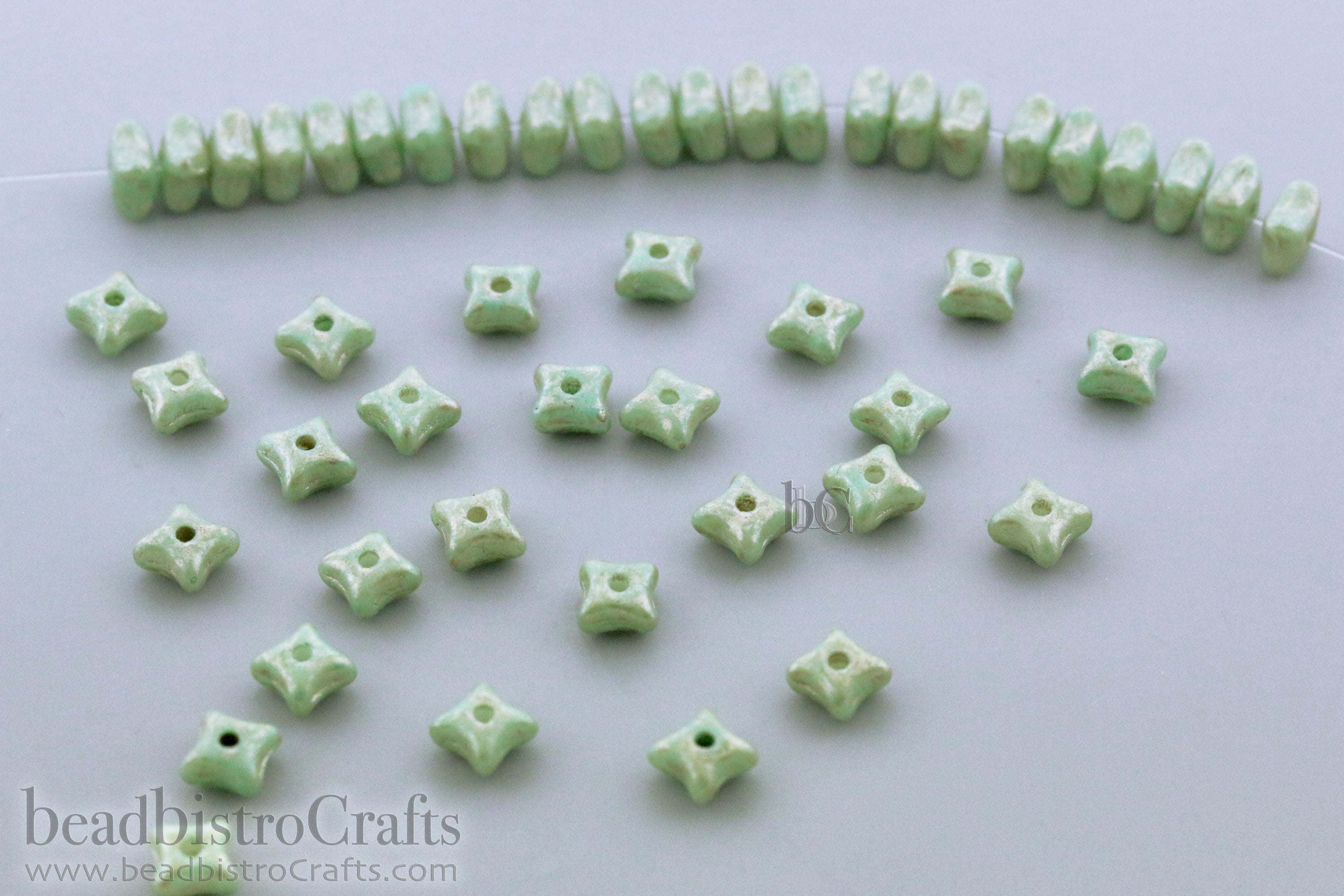 Orion Bead 3x5mm Alabaster Celadon Gold Patina Coated Czech Glass Spacer Beads