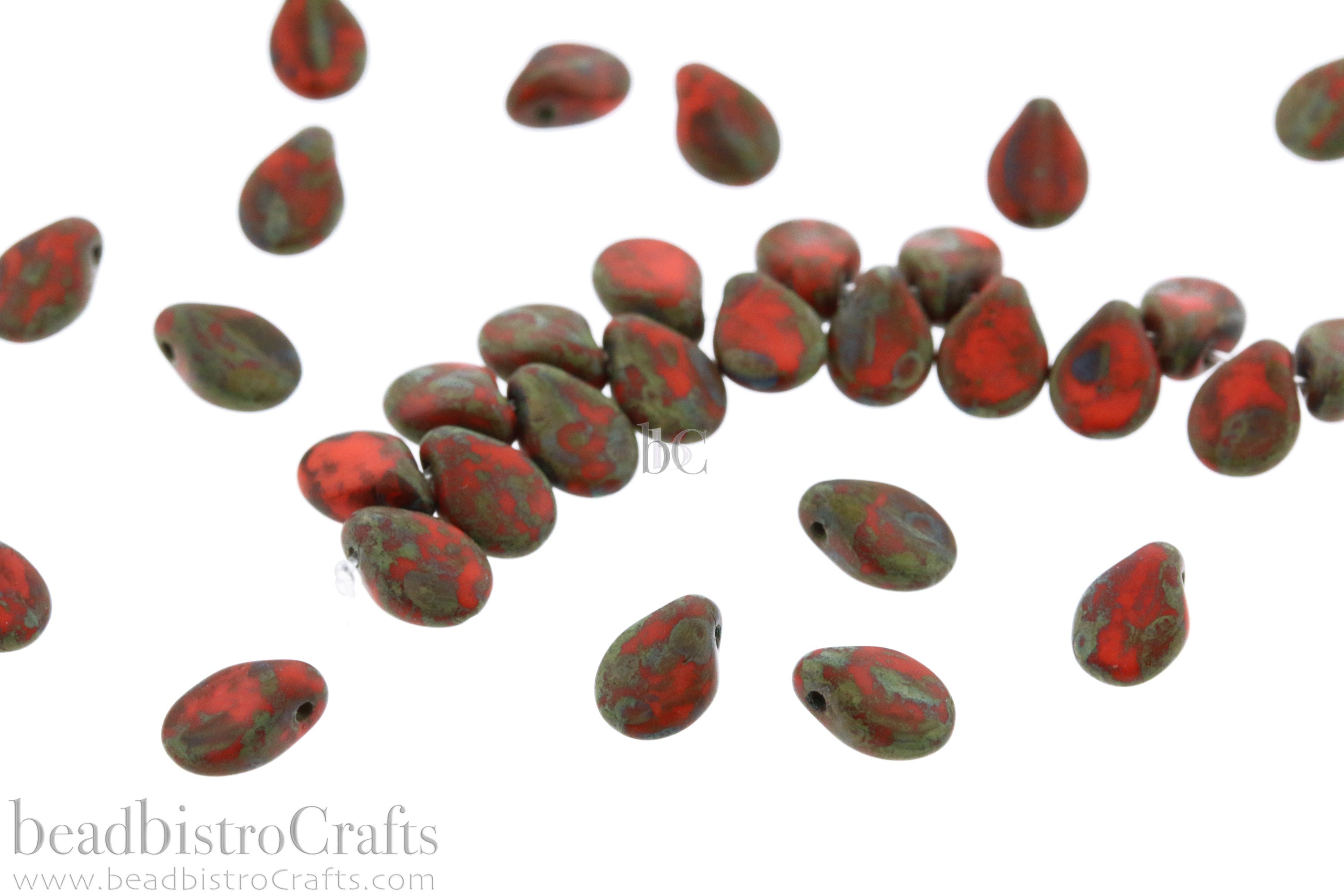 Czech Glass Pip Beads 5x7mm Matte Opaque Red Coral Picasso Petal Drops (50pcs)