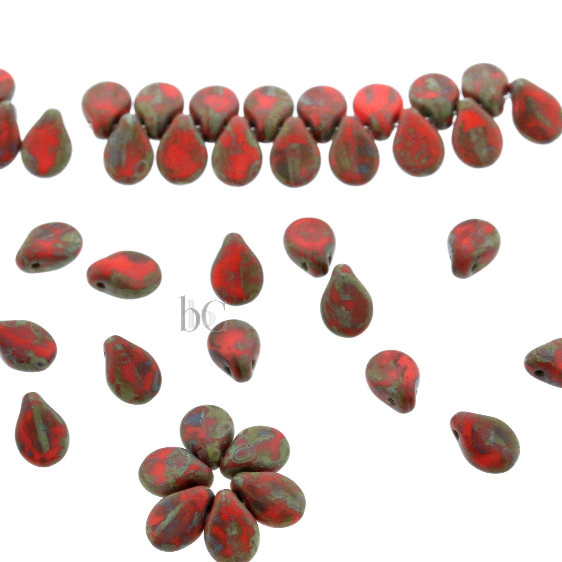 Czech Glass Pip Beads 5x7mm Matte Opaque Red Coral Picasso Petal Drops (50pcs)