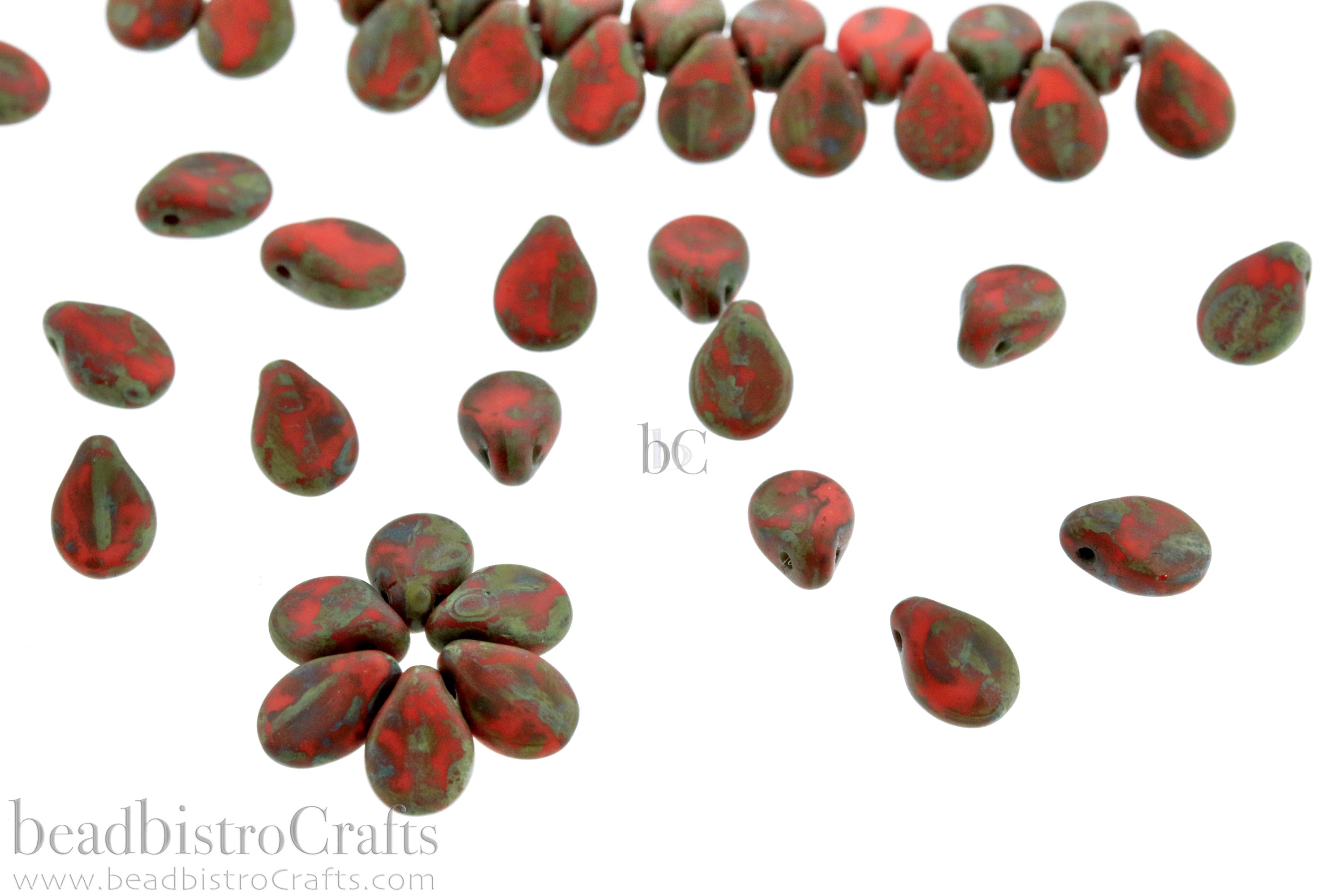 Czech Glass Pip Beads 5x7mm Matte Opaque Red Coral Picasso Petal Drops (50pcs)