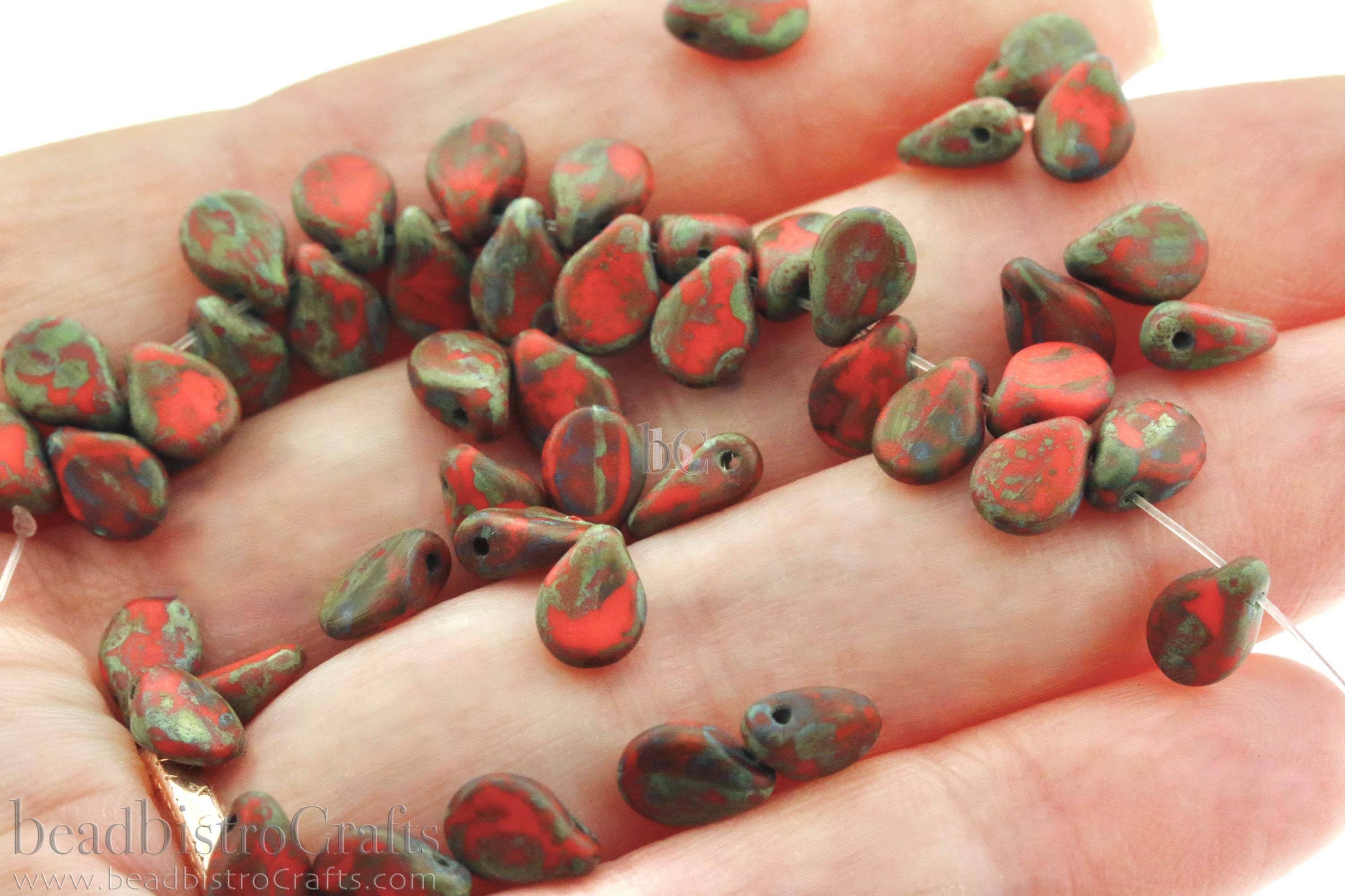 Czech Glass Pip Beads 5x7mm Matte Opaque Red Coral Picasso Petal Drops (50pcs)