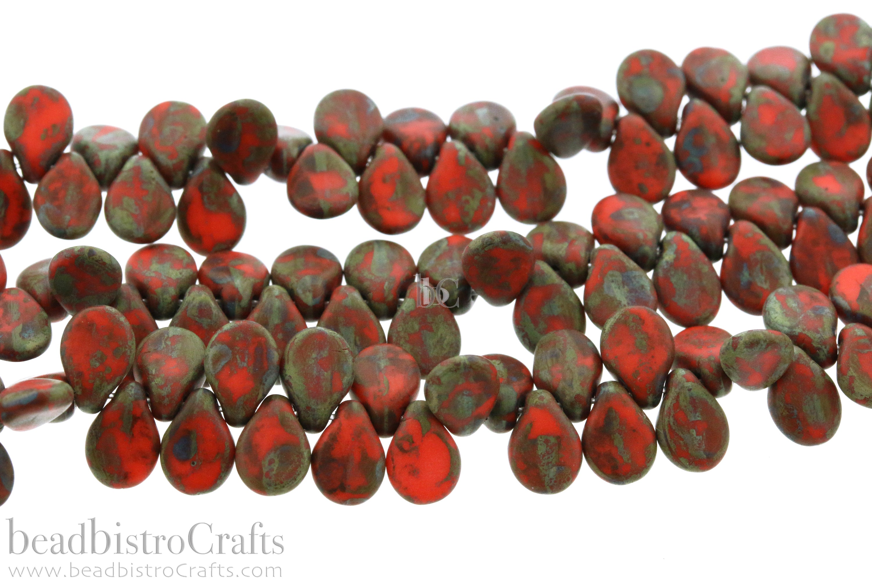 Czech Glass Pip Beads 5x7mm Matte Opaque Red Coral Picasso Petal Drops (50pcs)