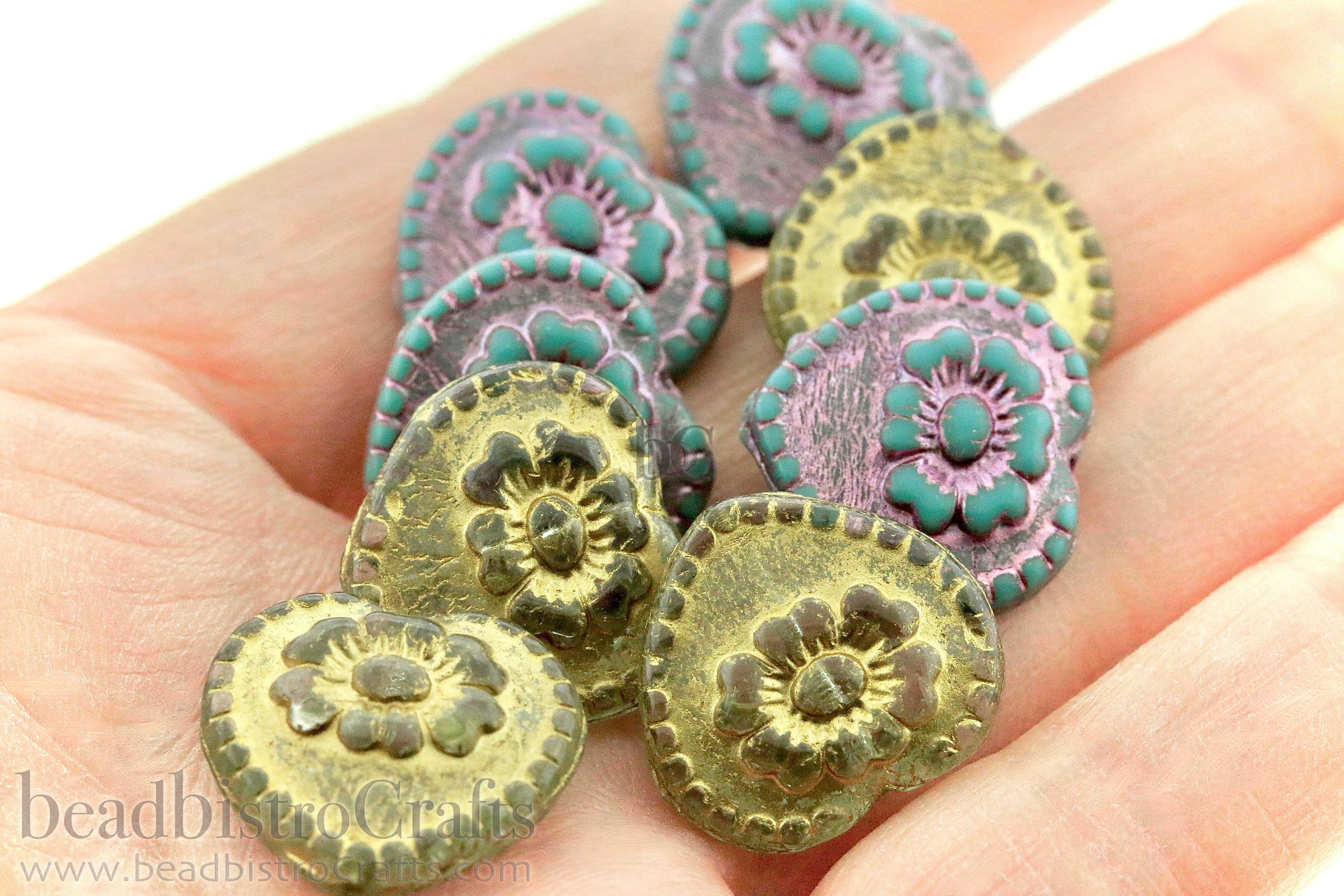Czech Glass Rustic Heart Beads 17mm Opaque Turquoise Metallic Pink Wash (4pcs)