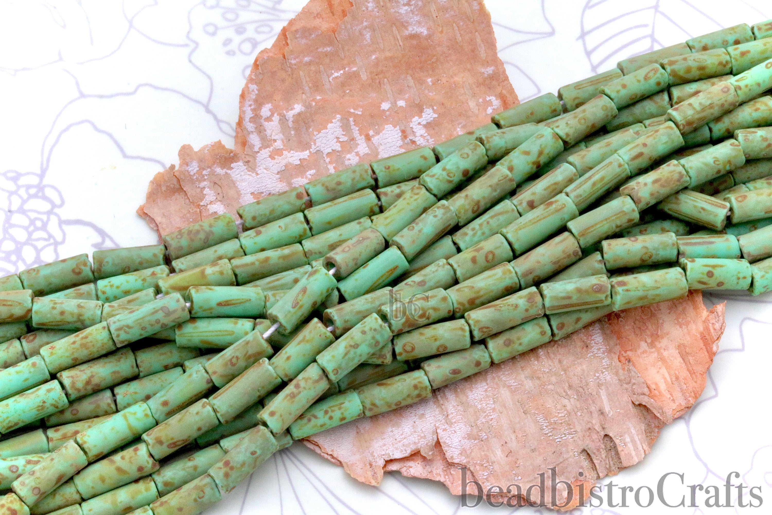 Czech Size 9x4mm Bugle Beads Aged Wampum Jade Matted PICASSO Seed Beads ~ 21" strand