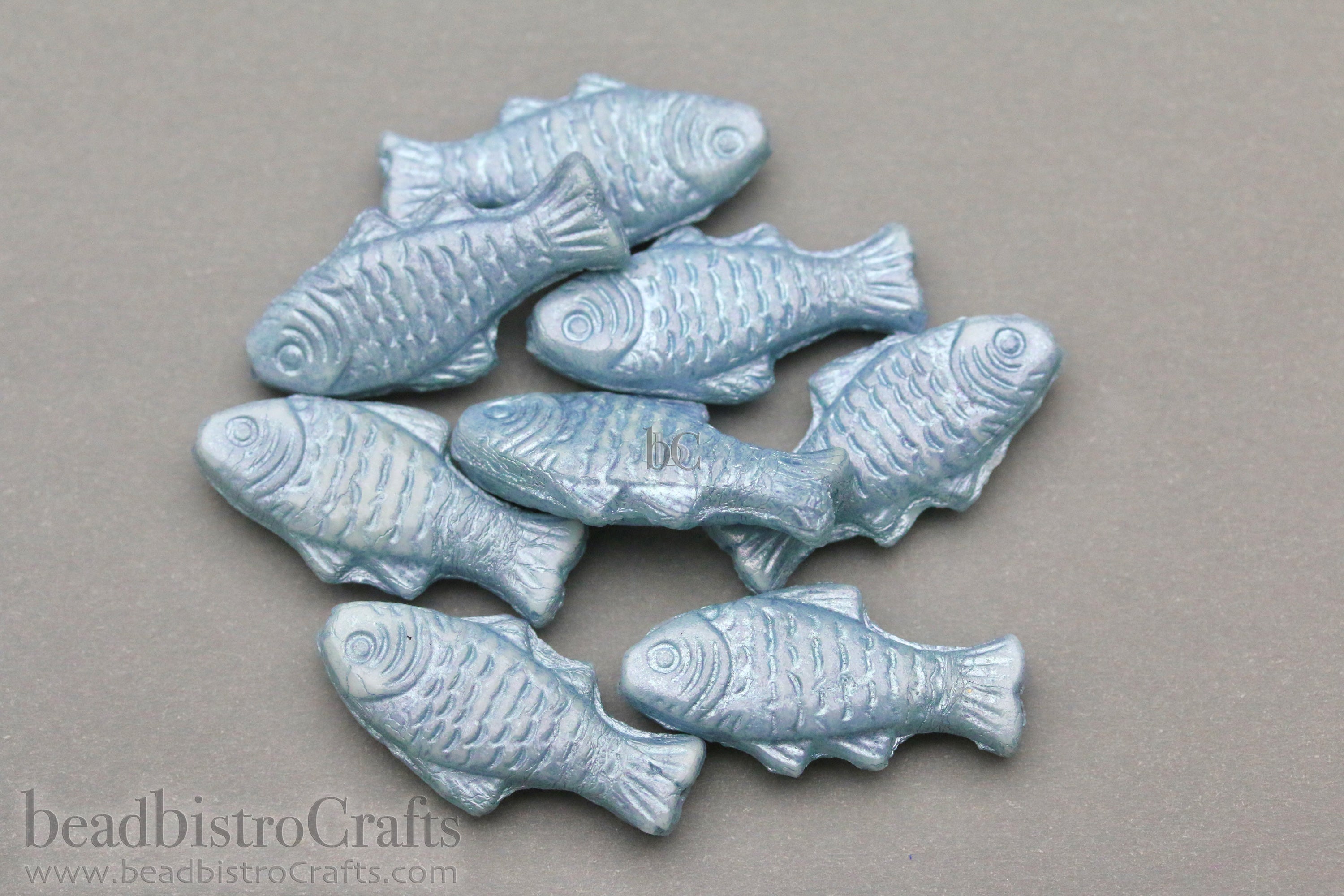 Czech Glass Trout Fish Beads 24x10mm Alabaster Light Blue Luster (4pcs)