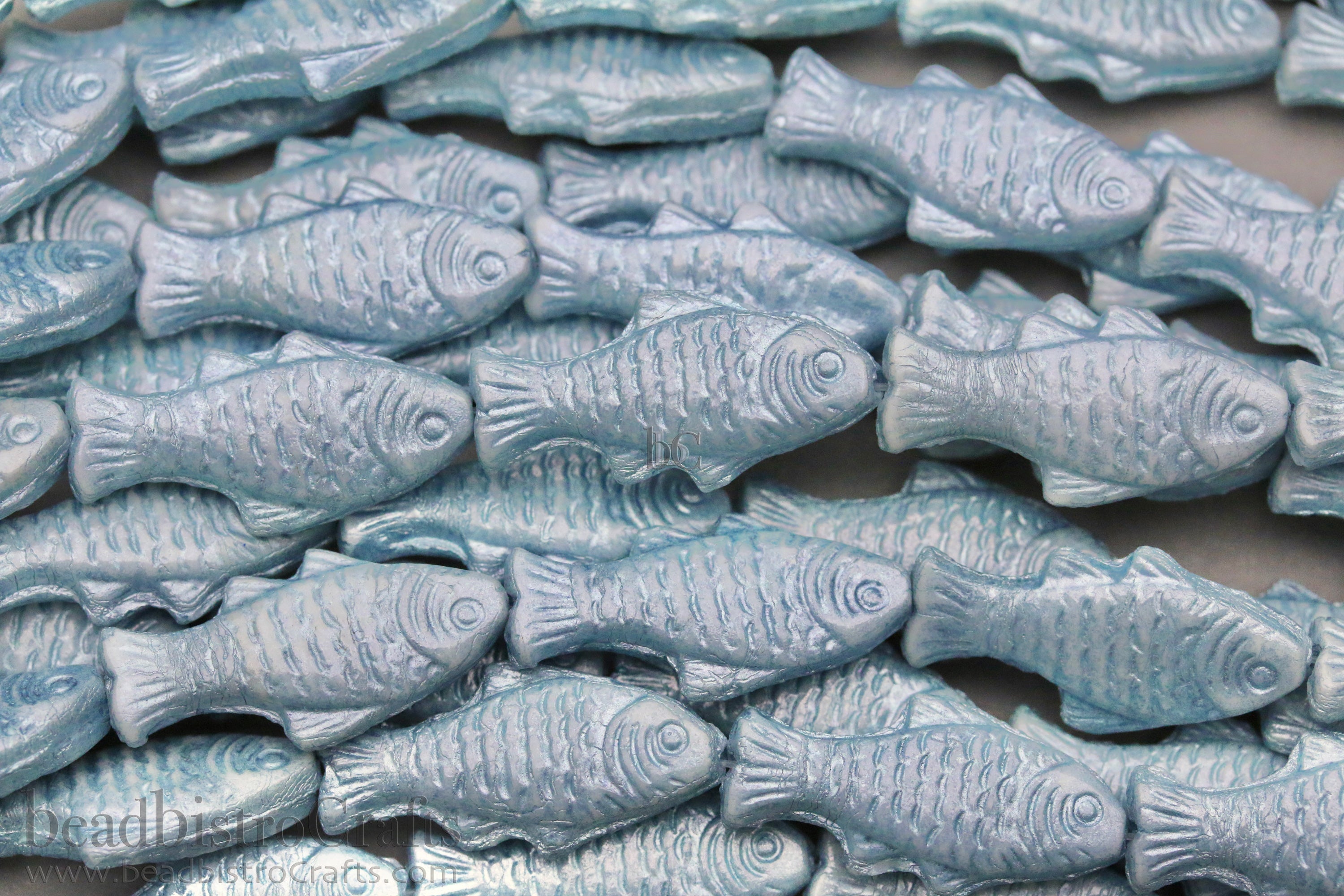 Czech Glass Trout Fish Beads 24x10mm Alabaster Light Blue Luster (4pcs)