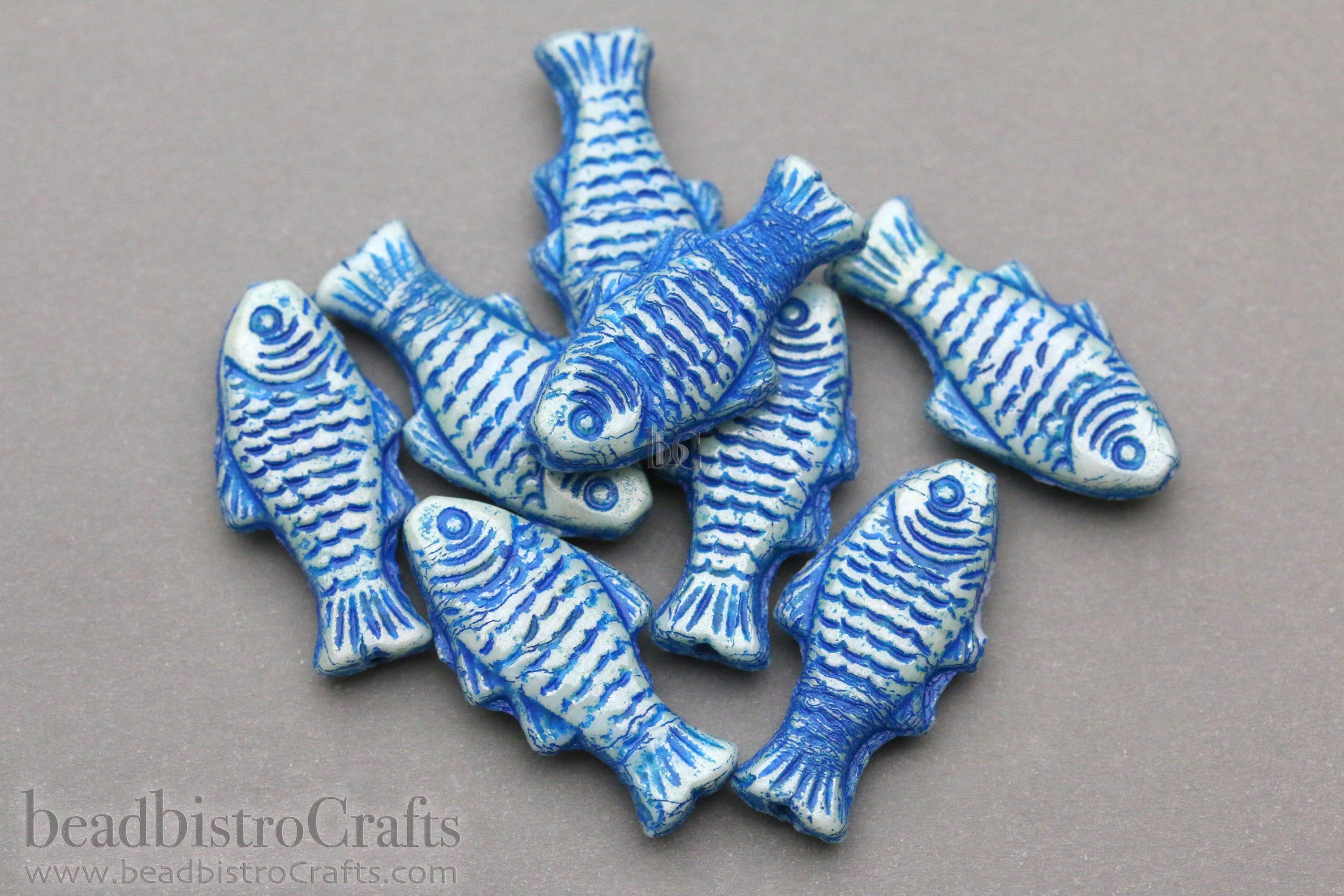 Czech Glass Trout Fish Beads 24x10mm Alabaster Pale Blue Grey Capri Wash (4pcs)