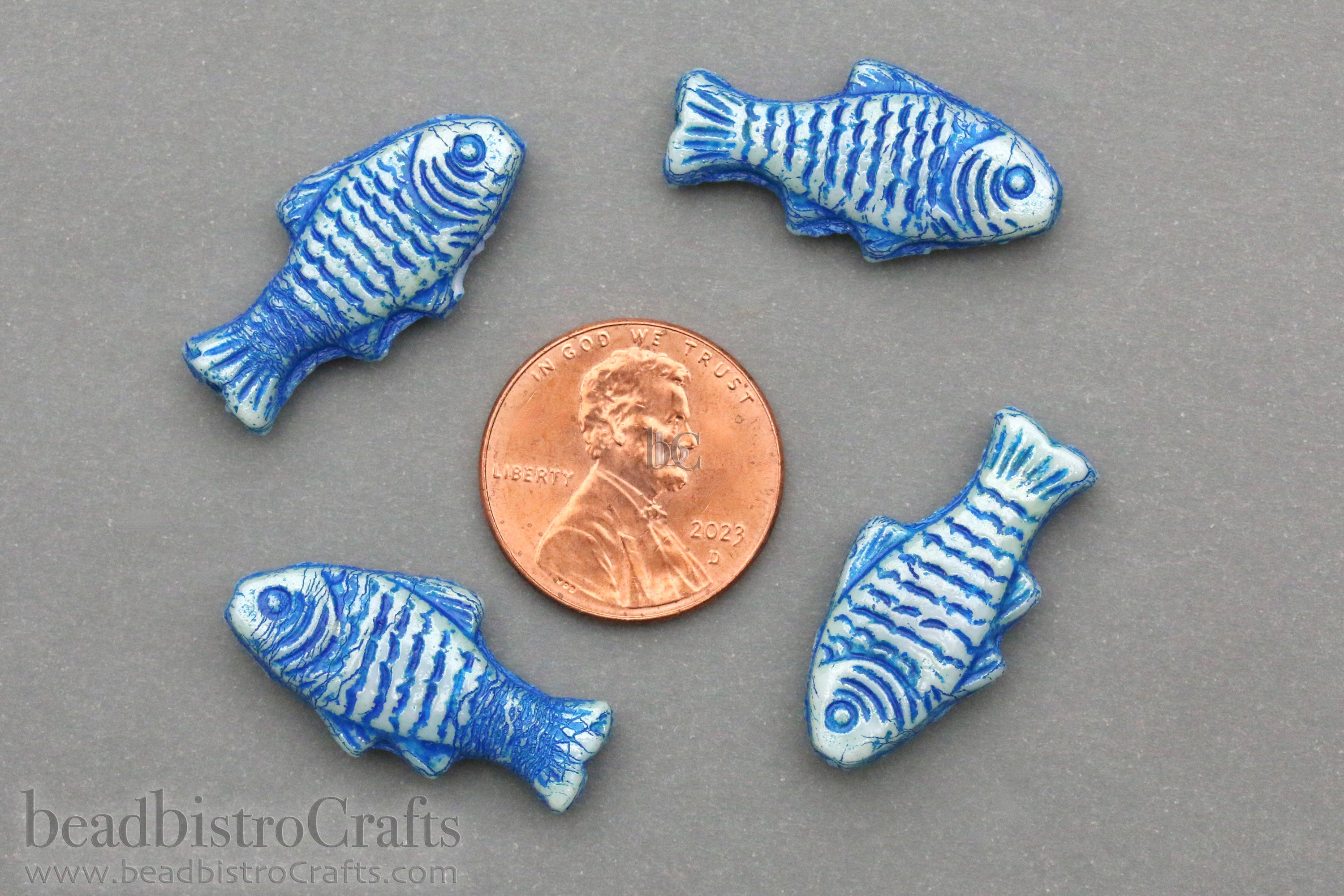 Czech Glass Trout Fish Beads 24x10mm Alabaster Pale Blue Grey Capri Wash (4pcs)