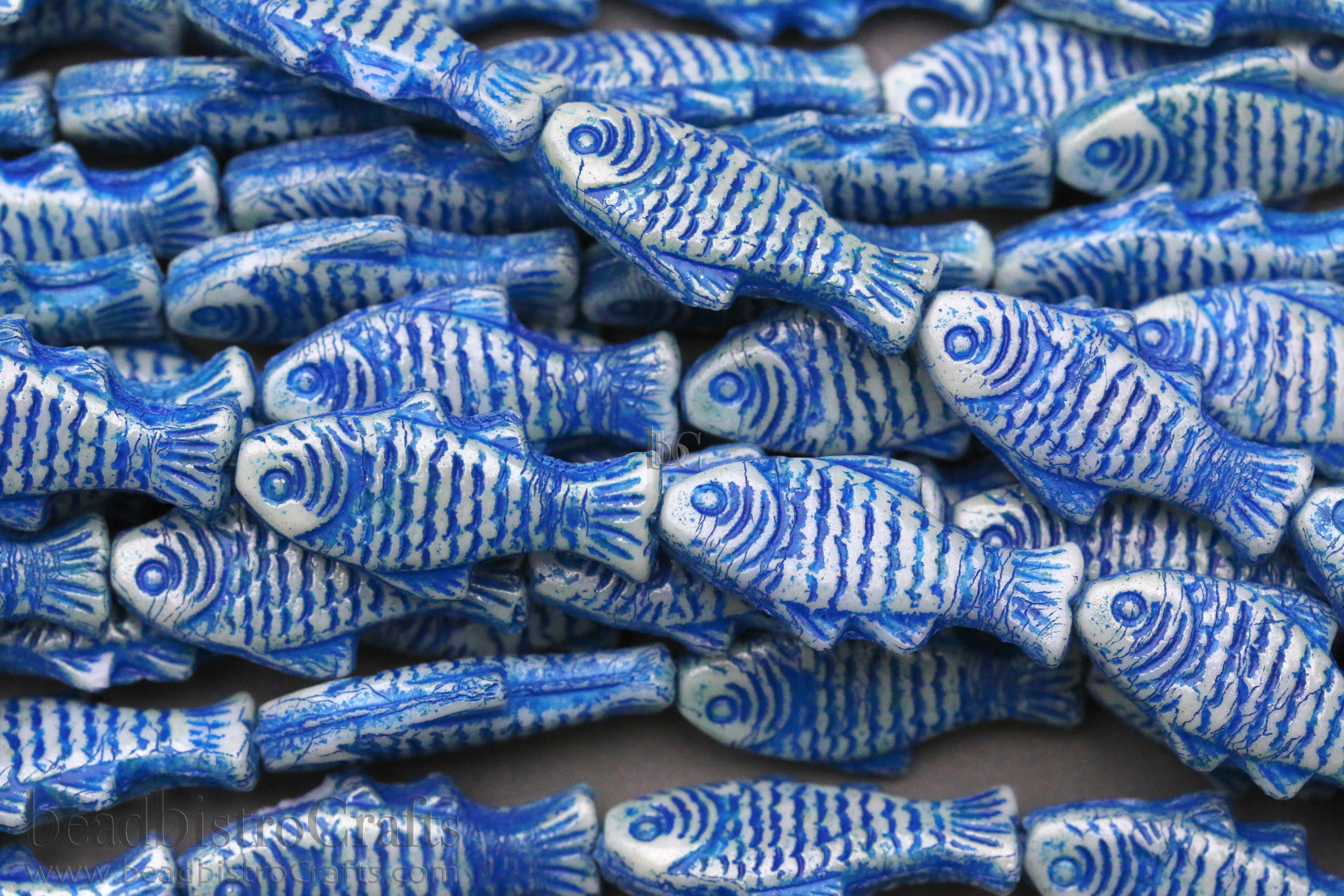 Czech Glass Trout Fish Beads 24x10mm Alabaster Pale Blue Grey Capri Wash (4pcs)