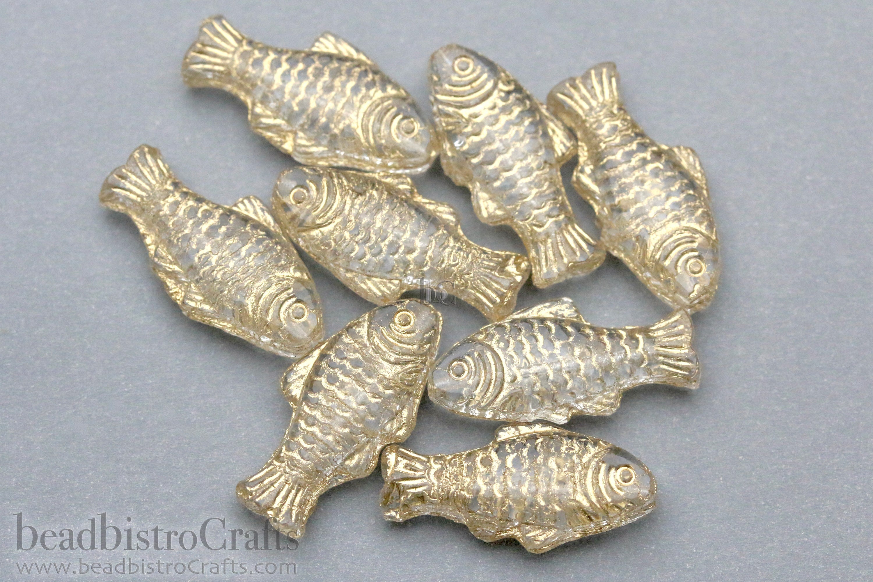 Czech Glass Trout Fish Beads 24x10mm Crystal Gold Wash (4pcs)