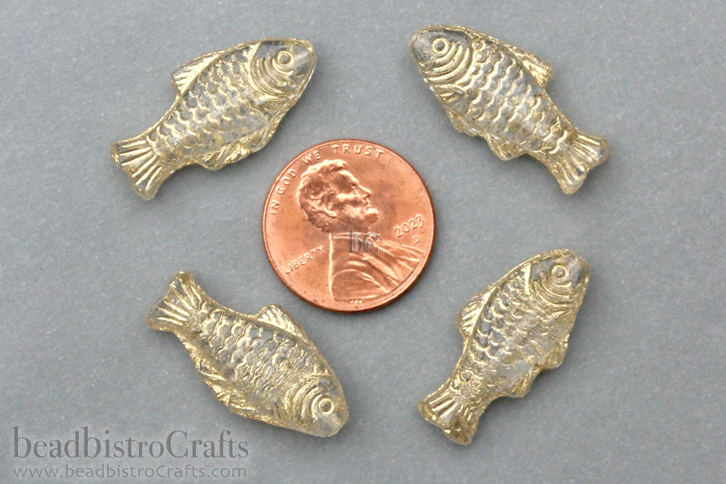 Czech Glass Trout Fish Beads 24x10mm Crystal Gold Wash (4pcs)