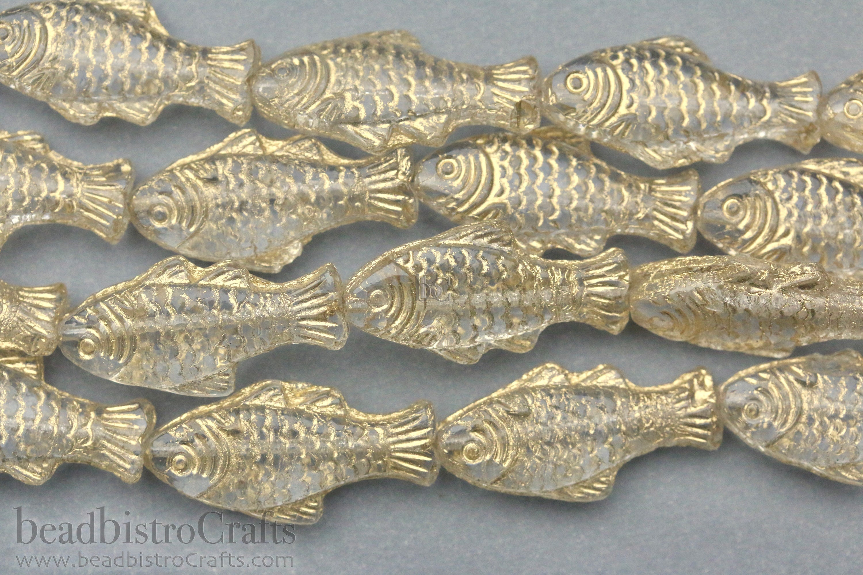 Czech Glass Trout Fish Beads 24x10mm Crystal Gold Wash (4pcs)